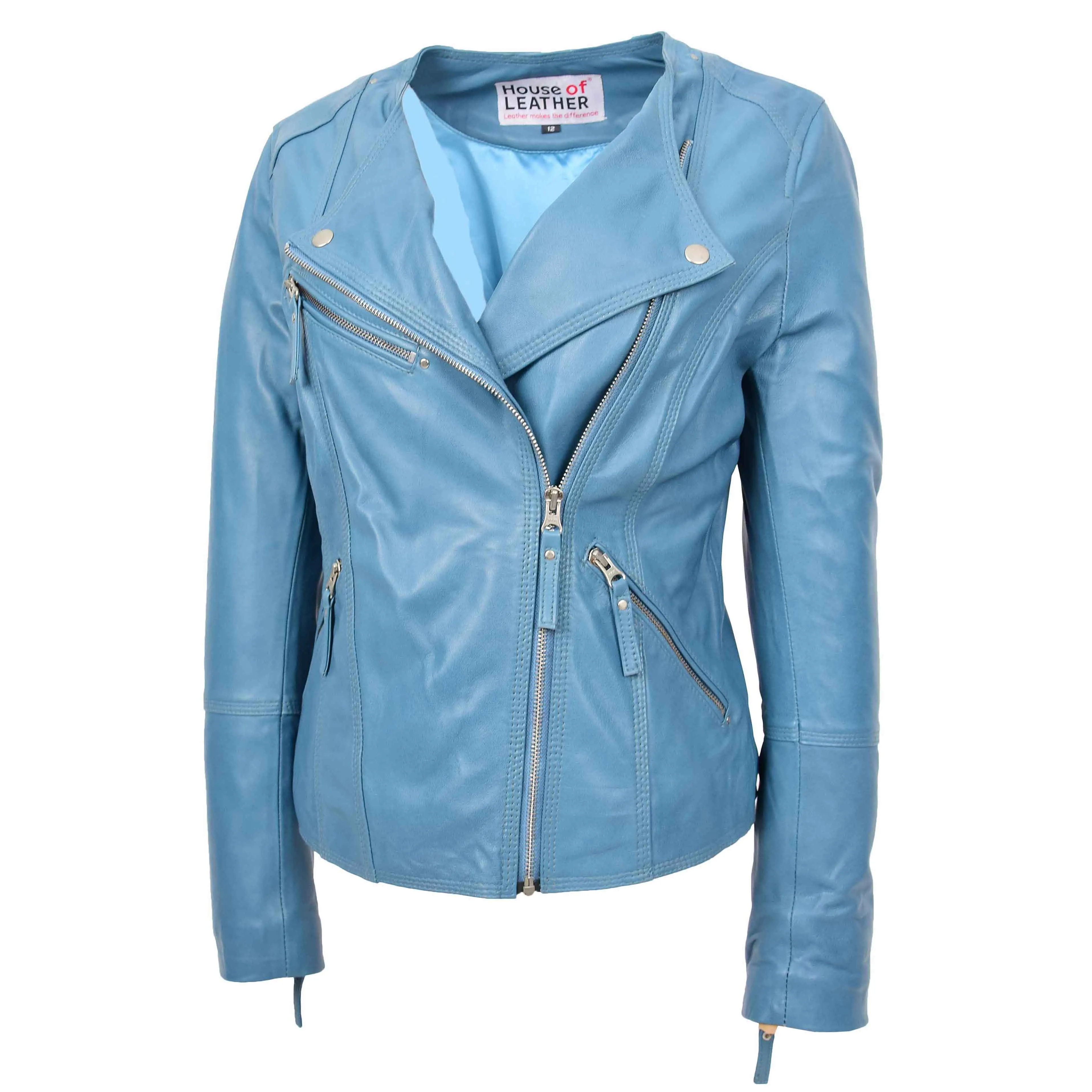 Womens Leather Casual Biker Jacket Cross Zip Shelly Teal