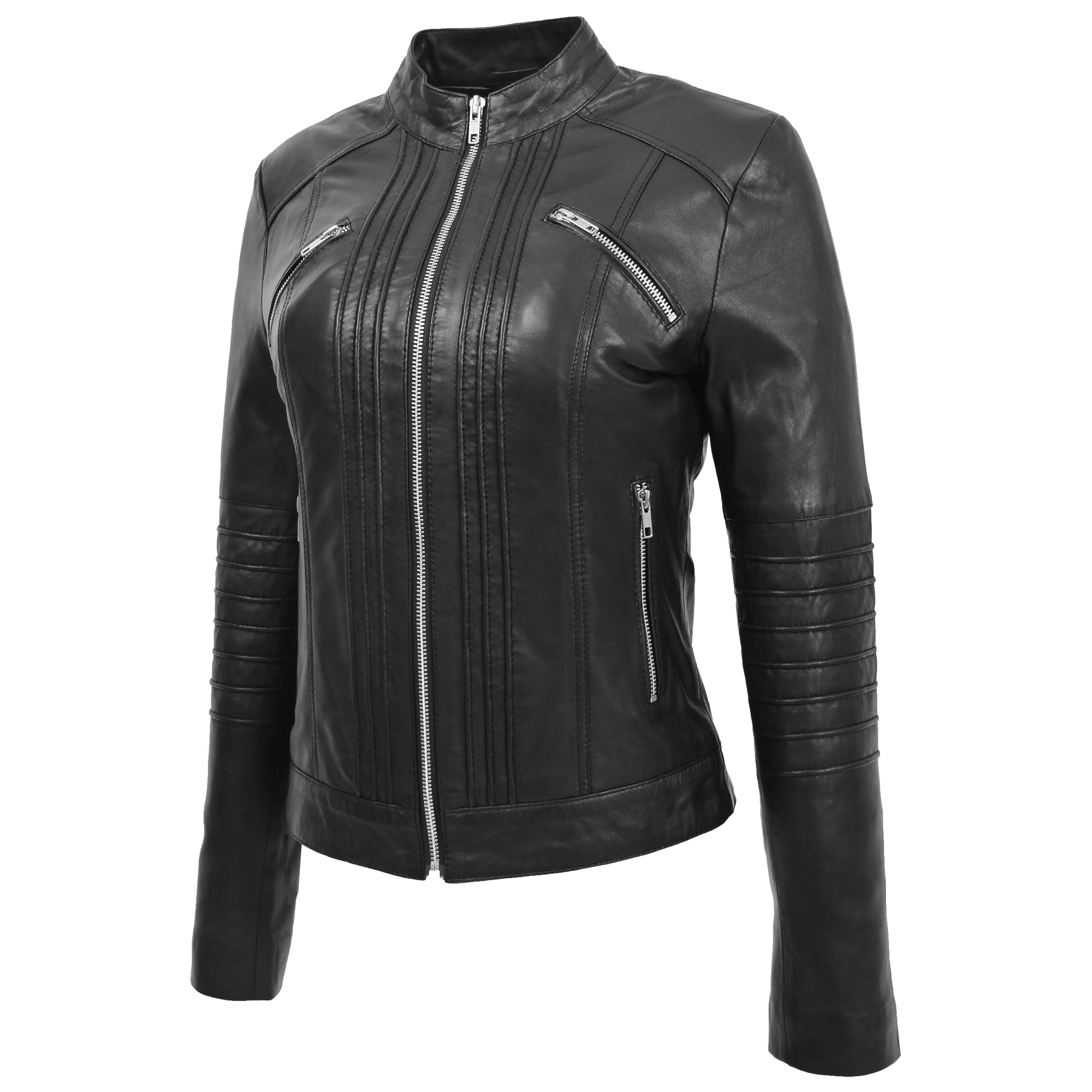 Womens Leather Classic Biker Style Jacket Alice Black