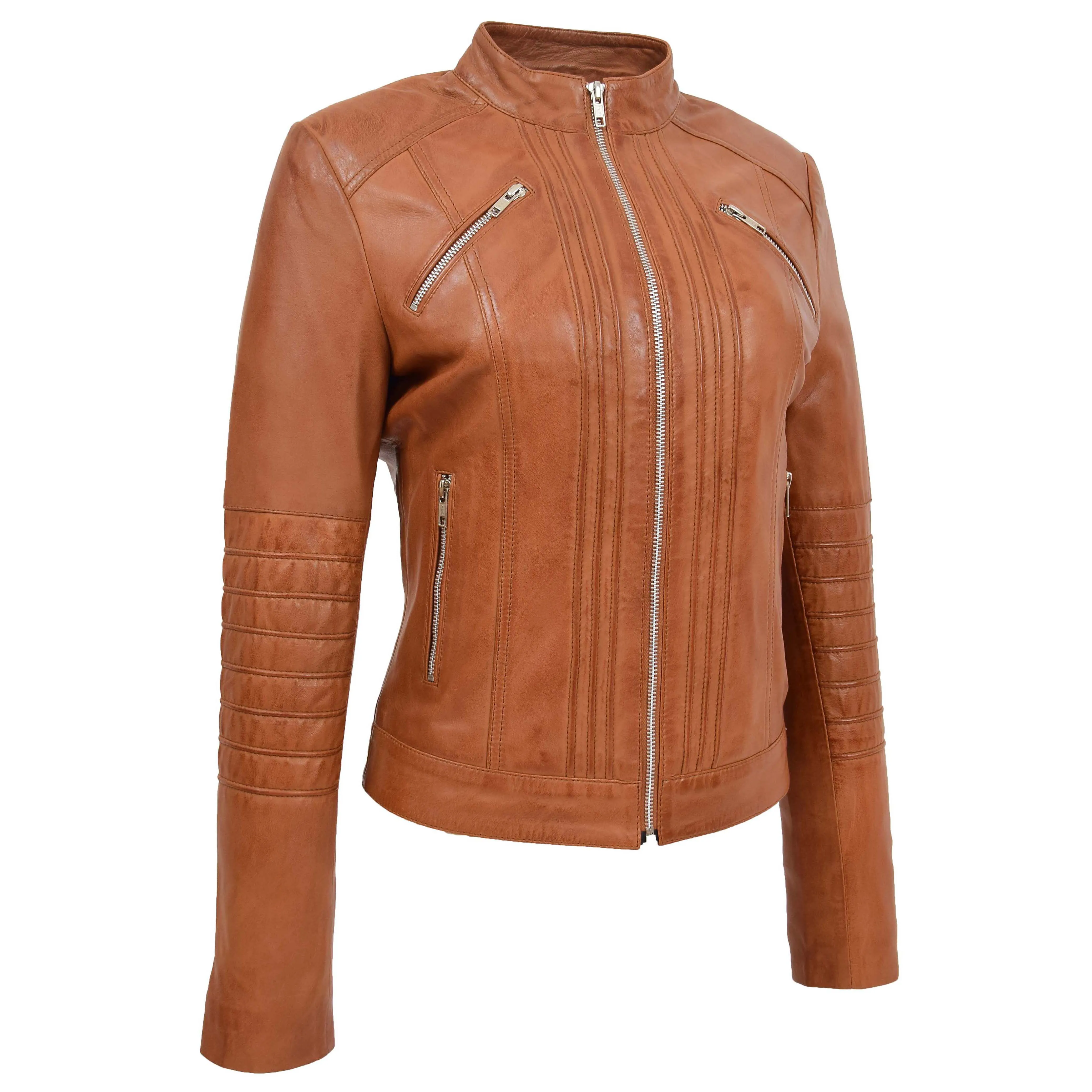 Womens Leather Classic Biker Style Jacket Alice Tan