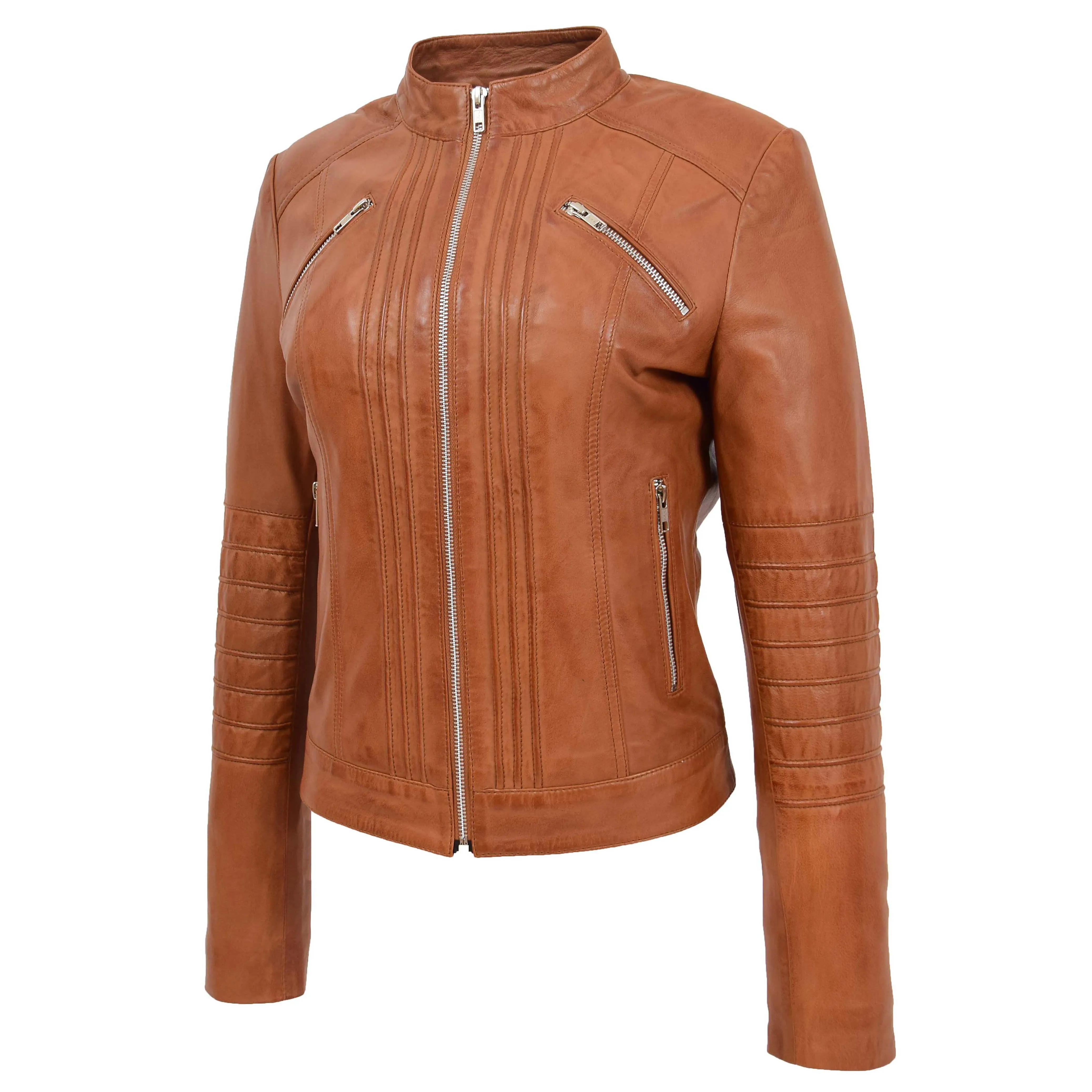 Womens Leather Classic Biker Style Jacket Alice Tan