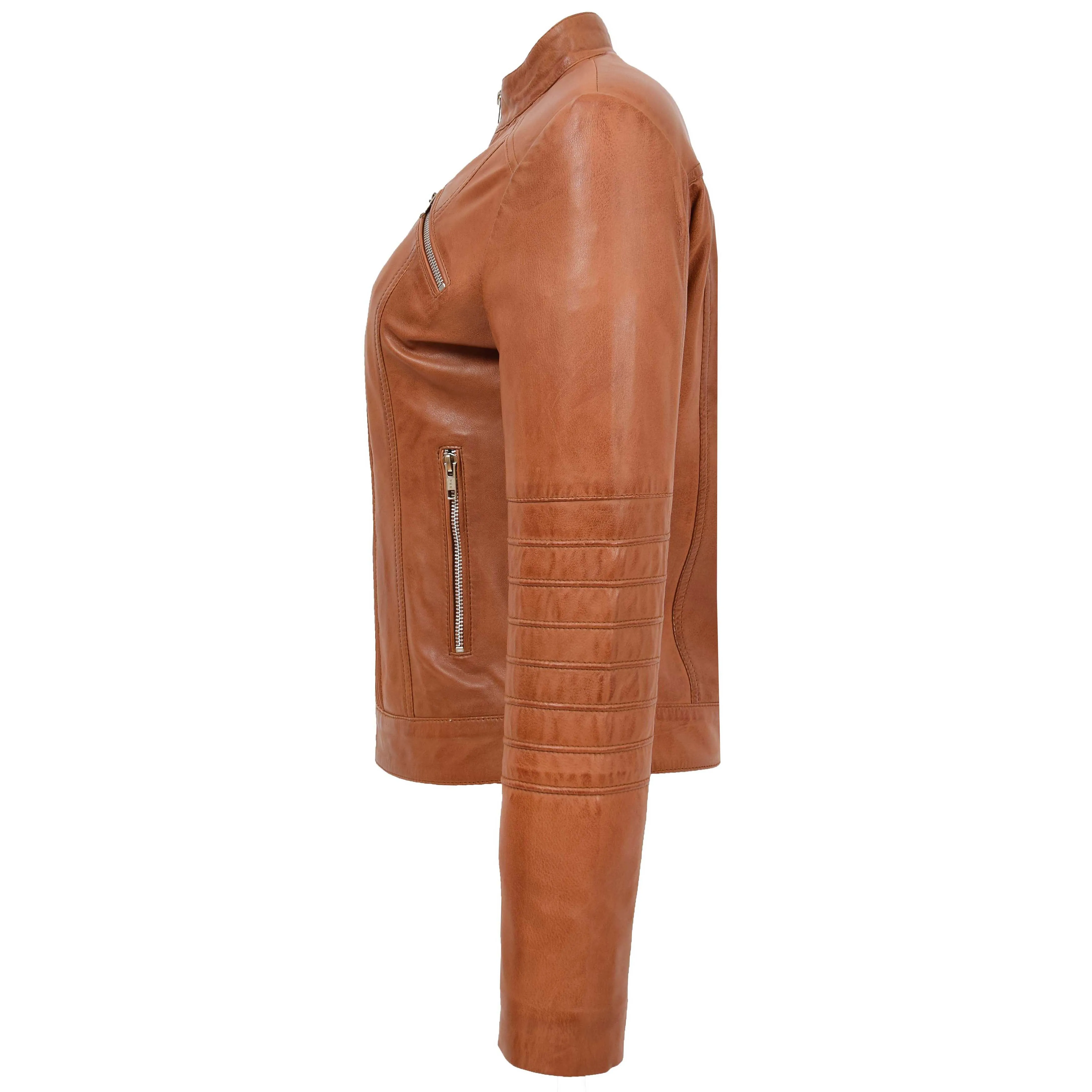 Womens Leather Classic Biker Style Jacket Alice Tan