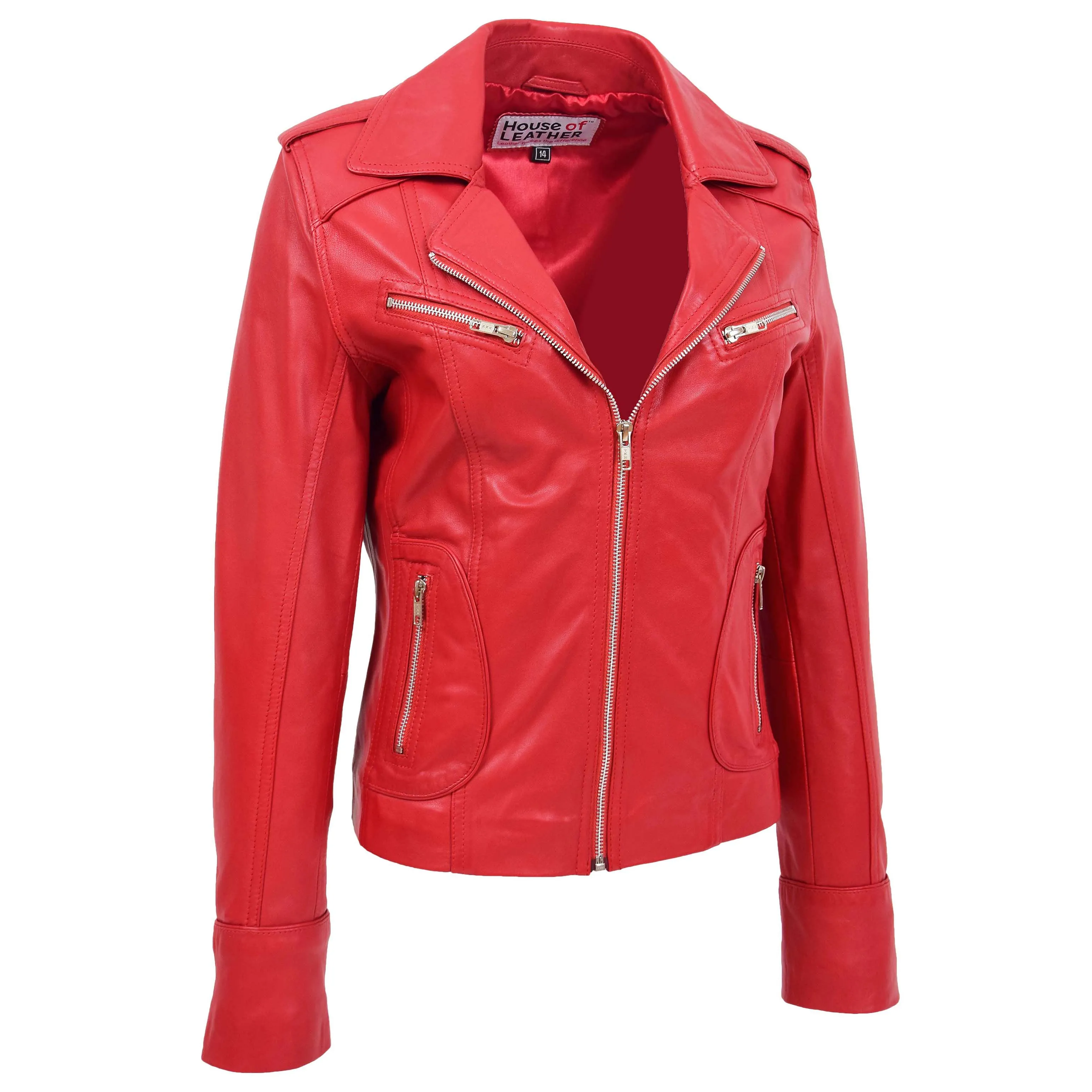 Womens Leather Fitted Biker Style Jacket Kim Red