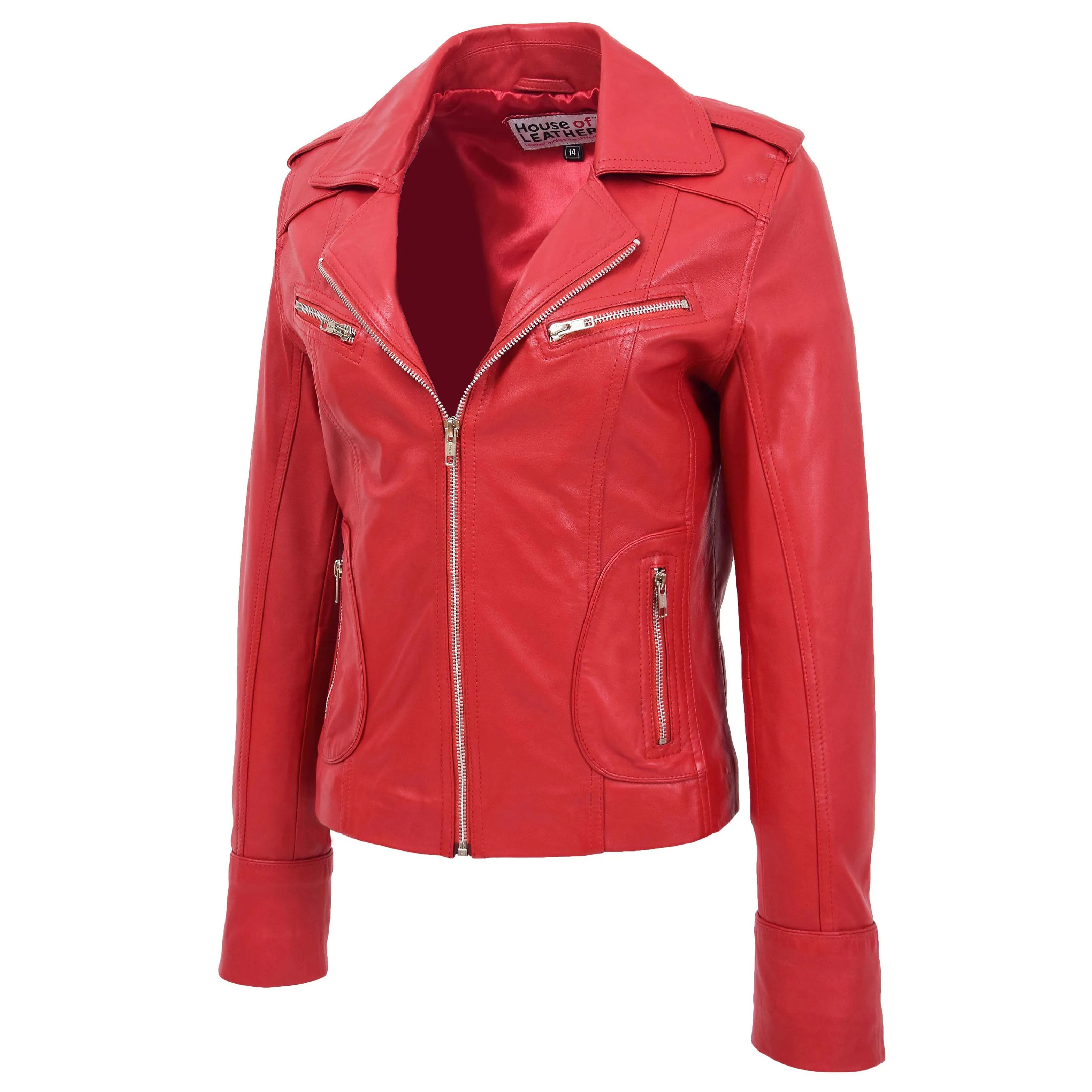 Womens Leather Fitted Biker Style Jacket Kim Red