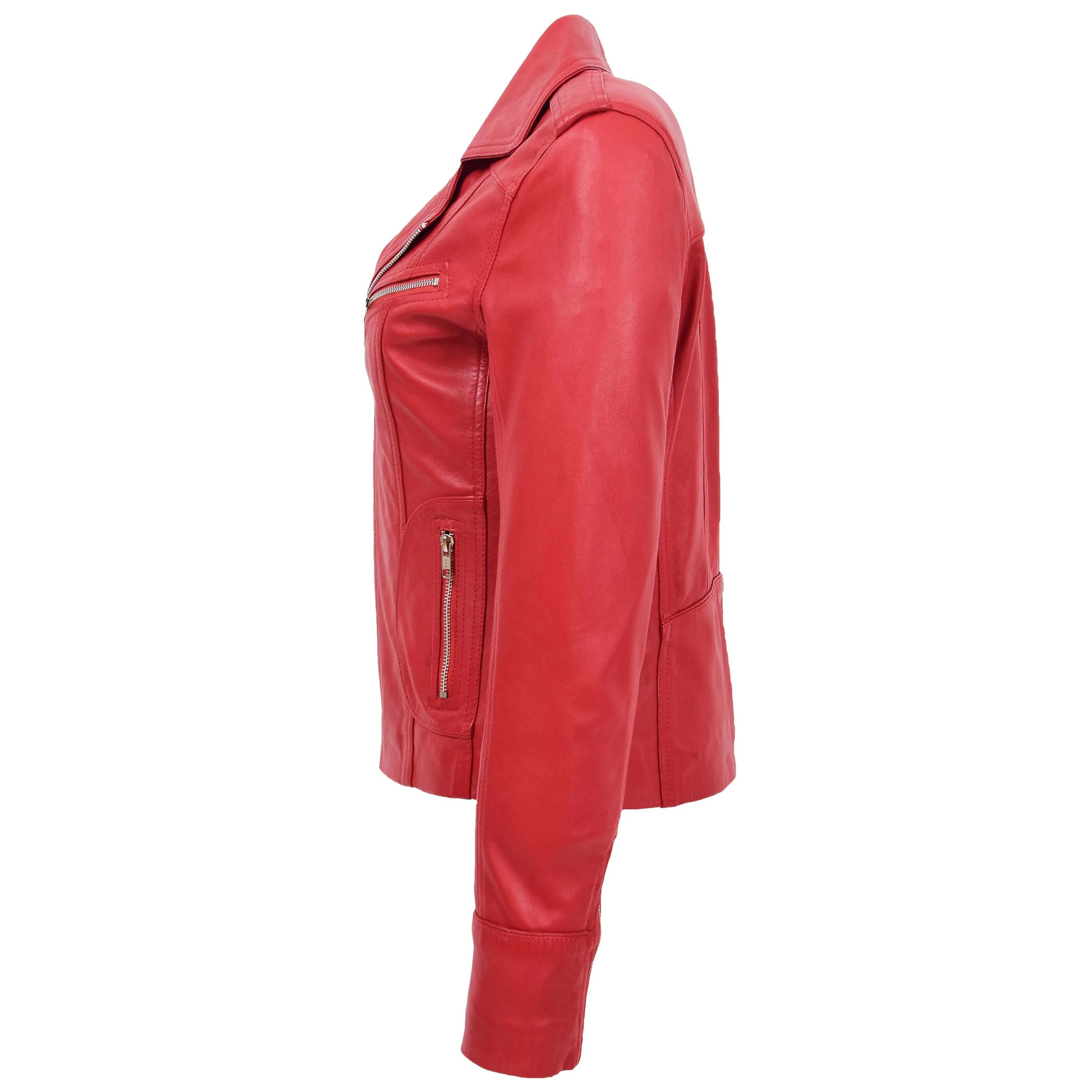 Womens Leather Fitted Biker Style Jacket Kim Red