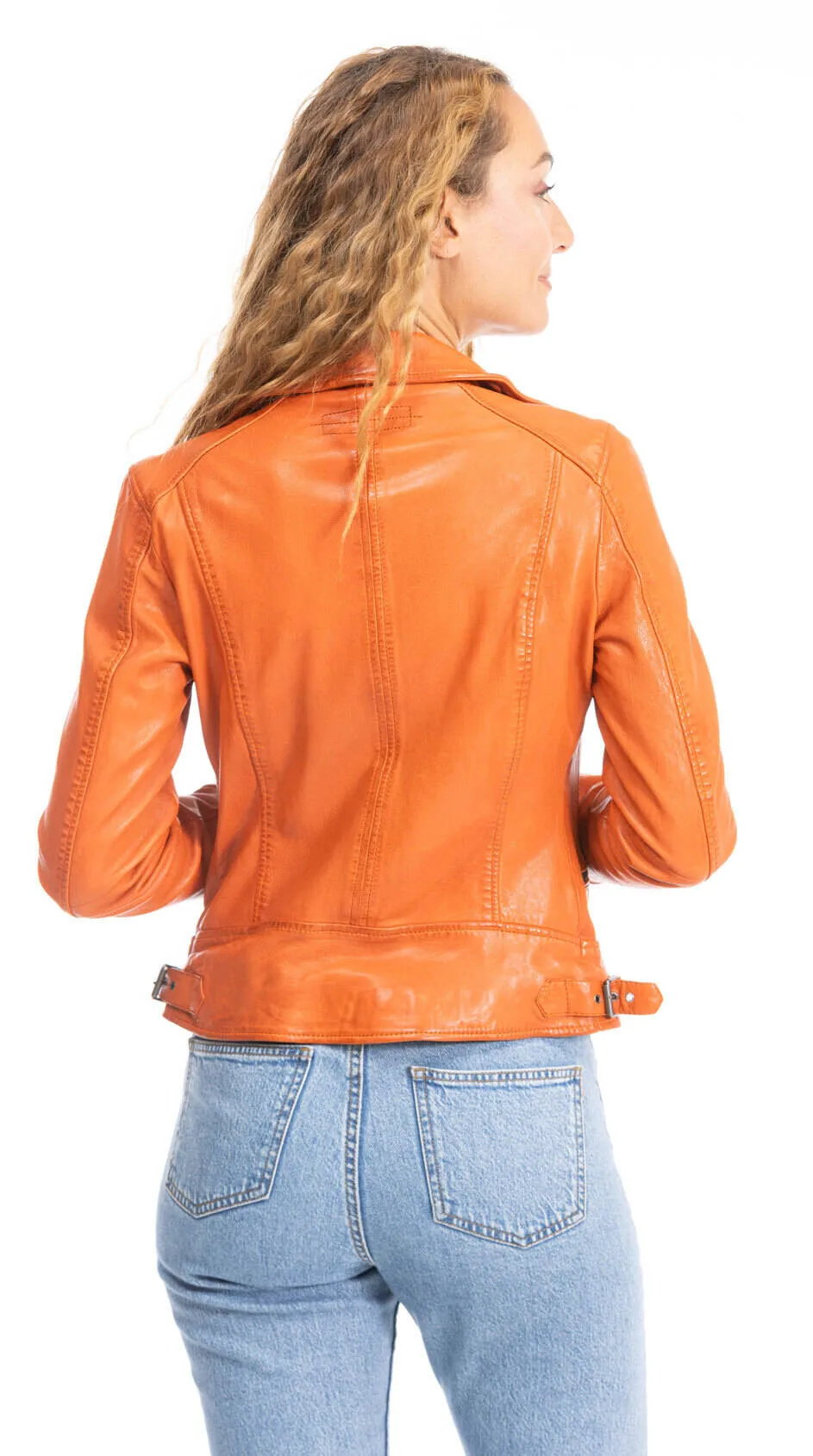 Women's orange oakwood biker style leather jacket 62065