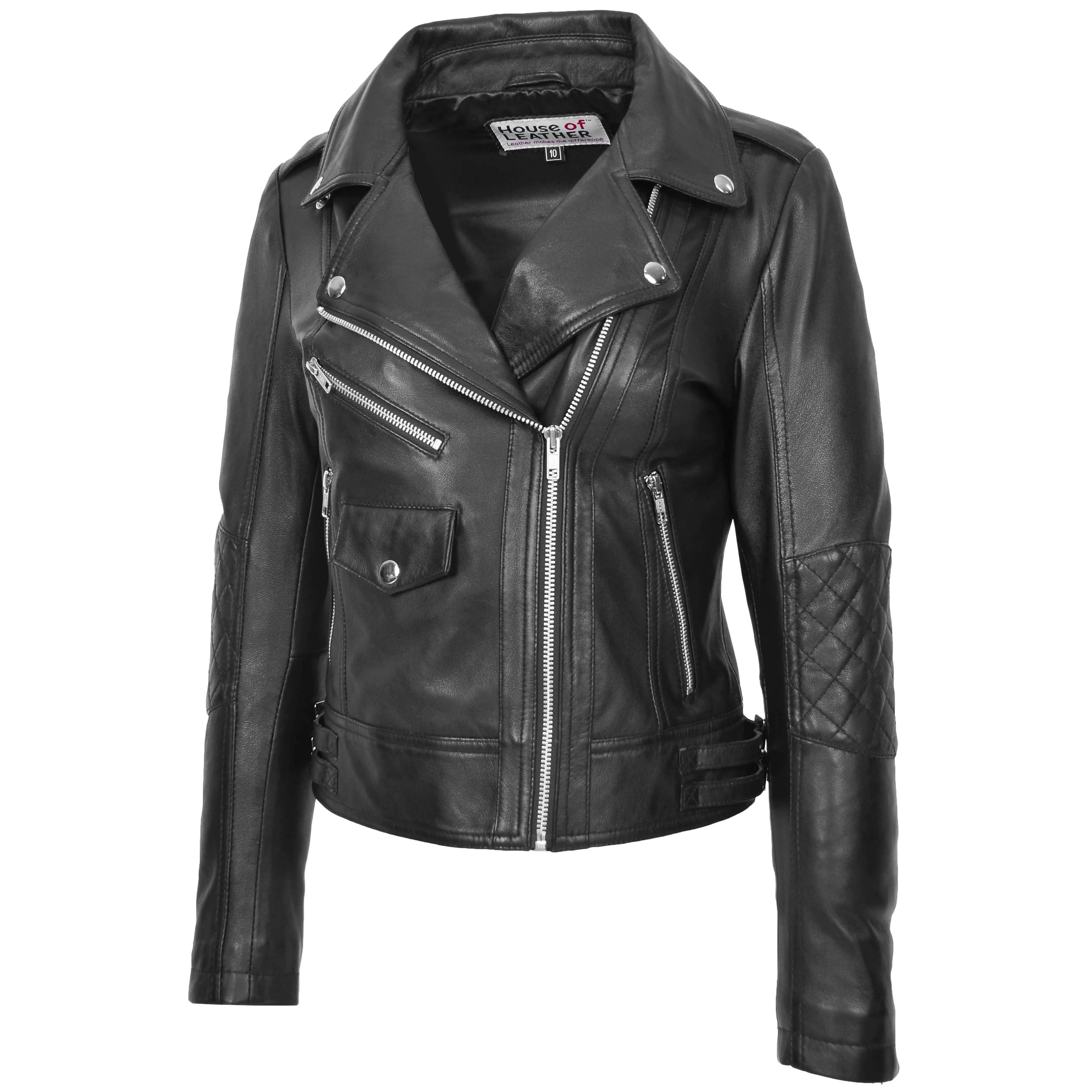 Womens Real Leather Biker Cross Zip Fashion Jacket Remi Black