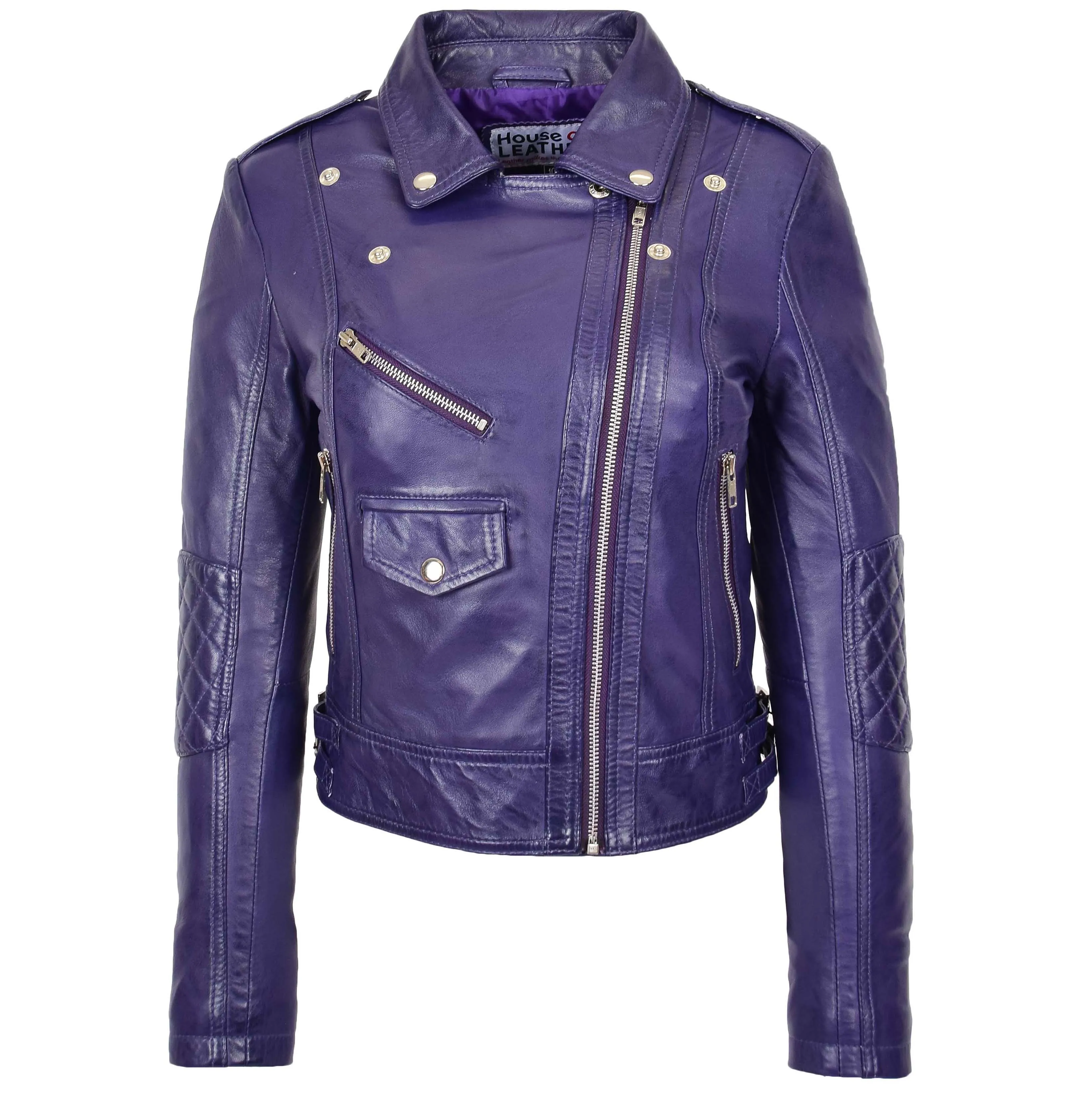 Womens Real Leather Biker Cross Zip Fashion Jacket Remi Purple