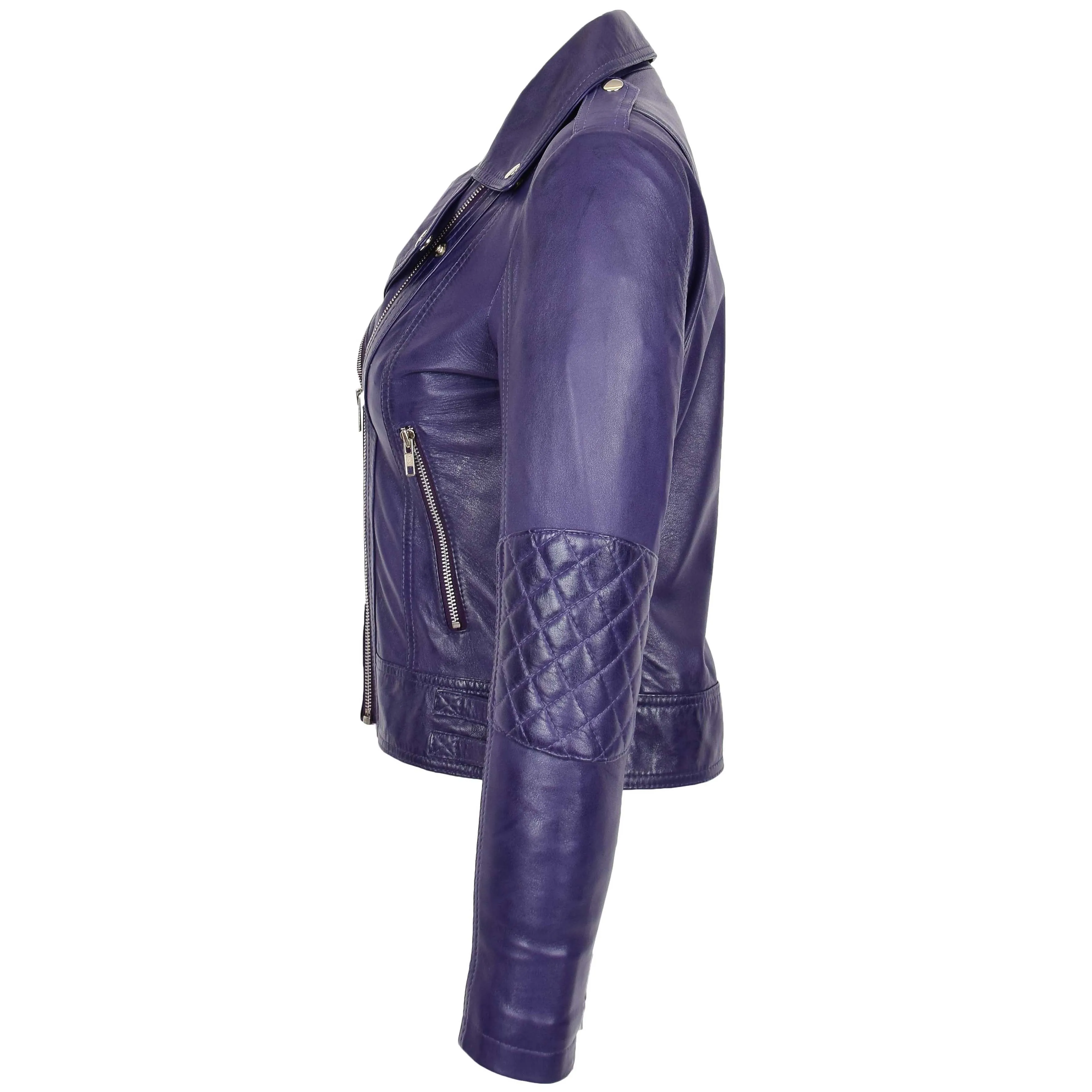 Womens Real Leather Biker Cross Zip Fashion Jacket Remi Purple