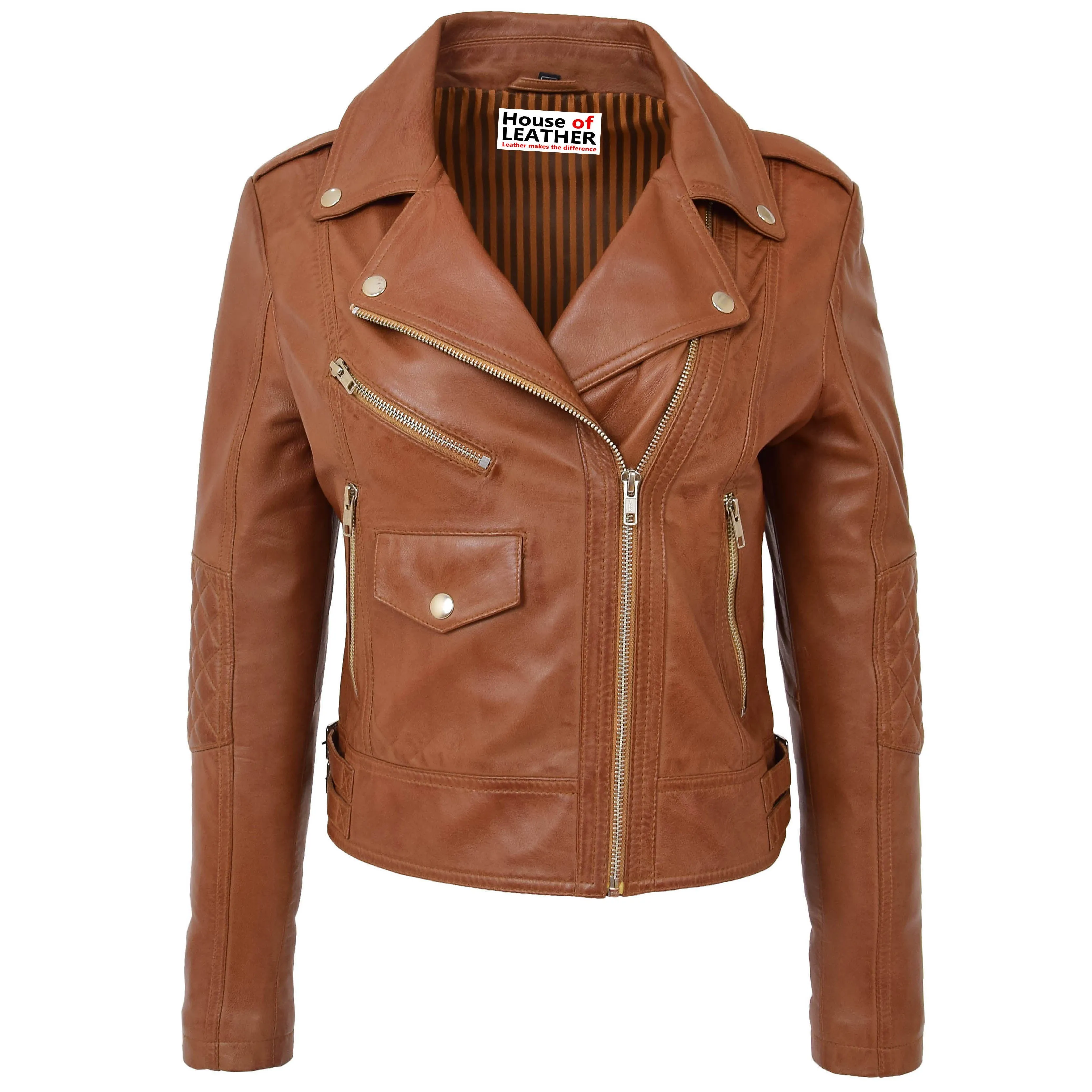 Womens Real Leather Biker Cross Zip Fashion Jacket Remi Tan