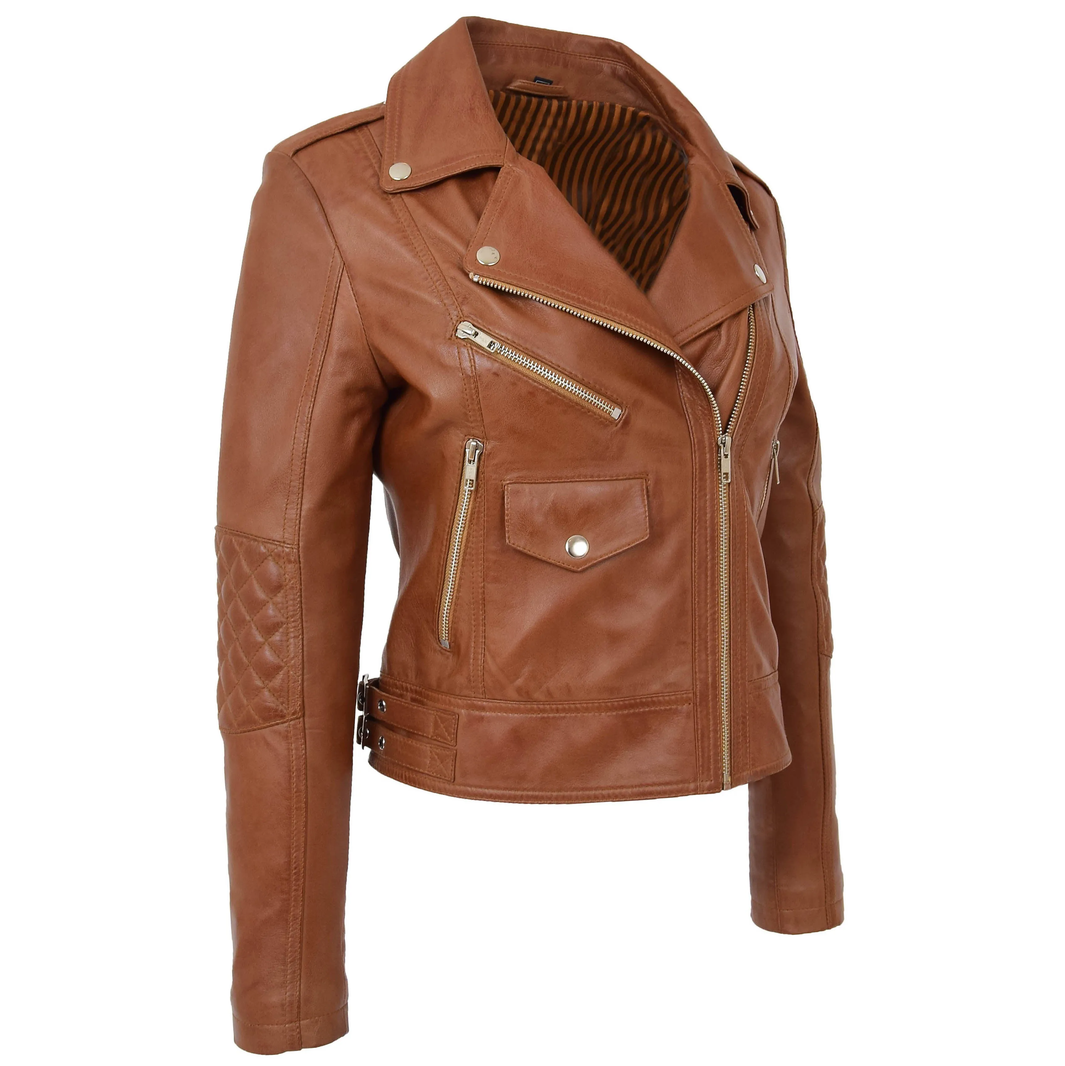 Womens Real Leather Biker Cross Zip Fashion Jacket Remi Tan