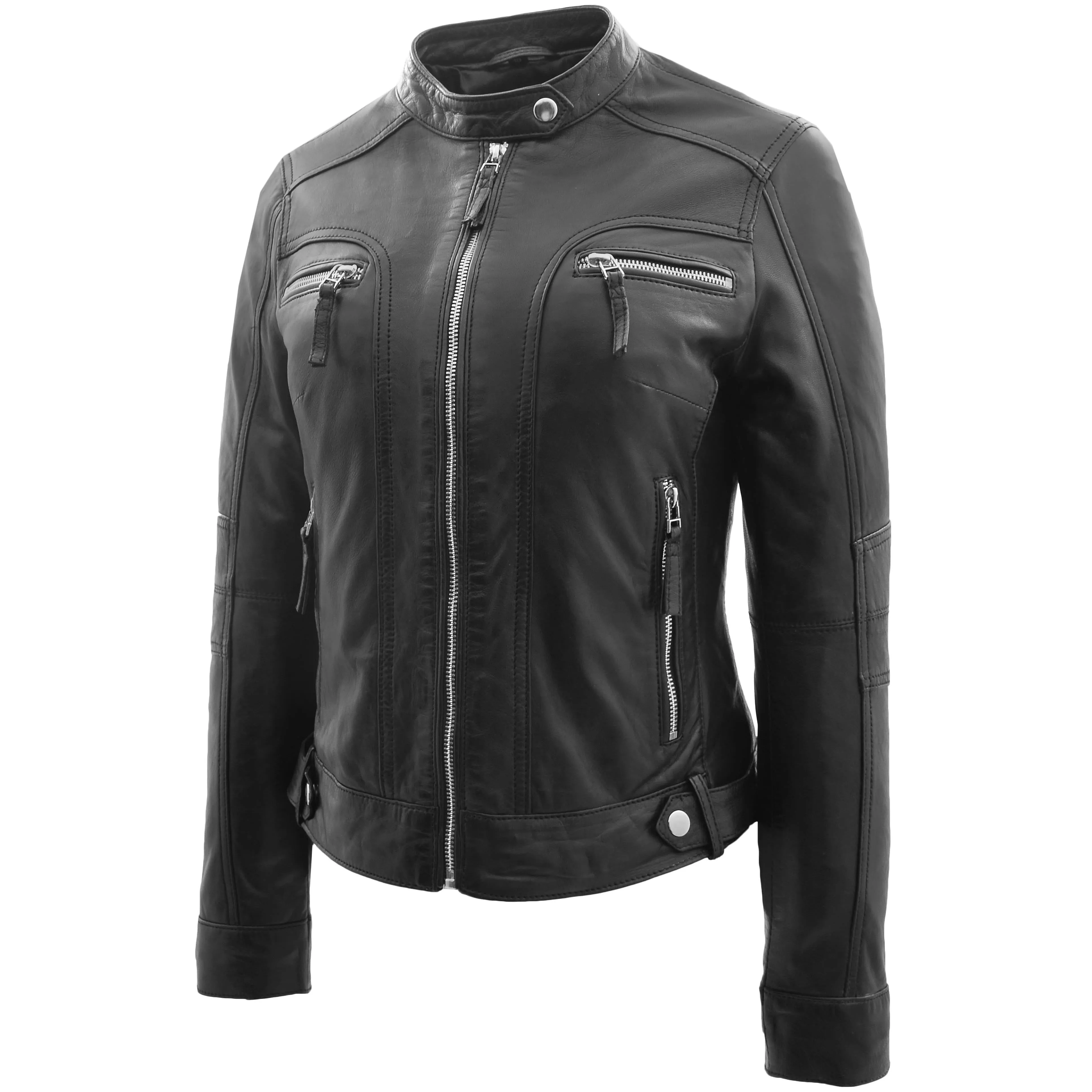 Womens Real Leather Biker Jacket Casual Style Annie Black