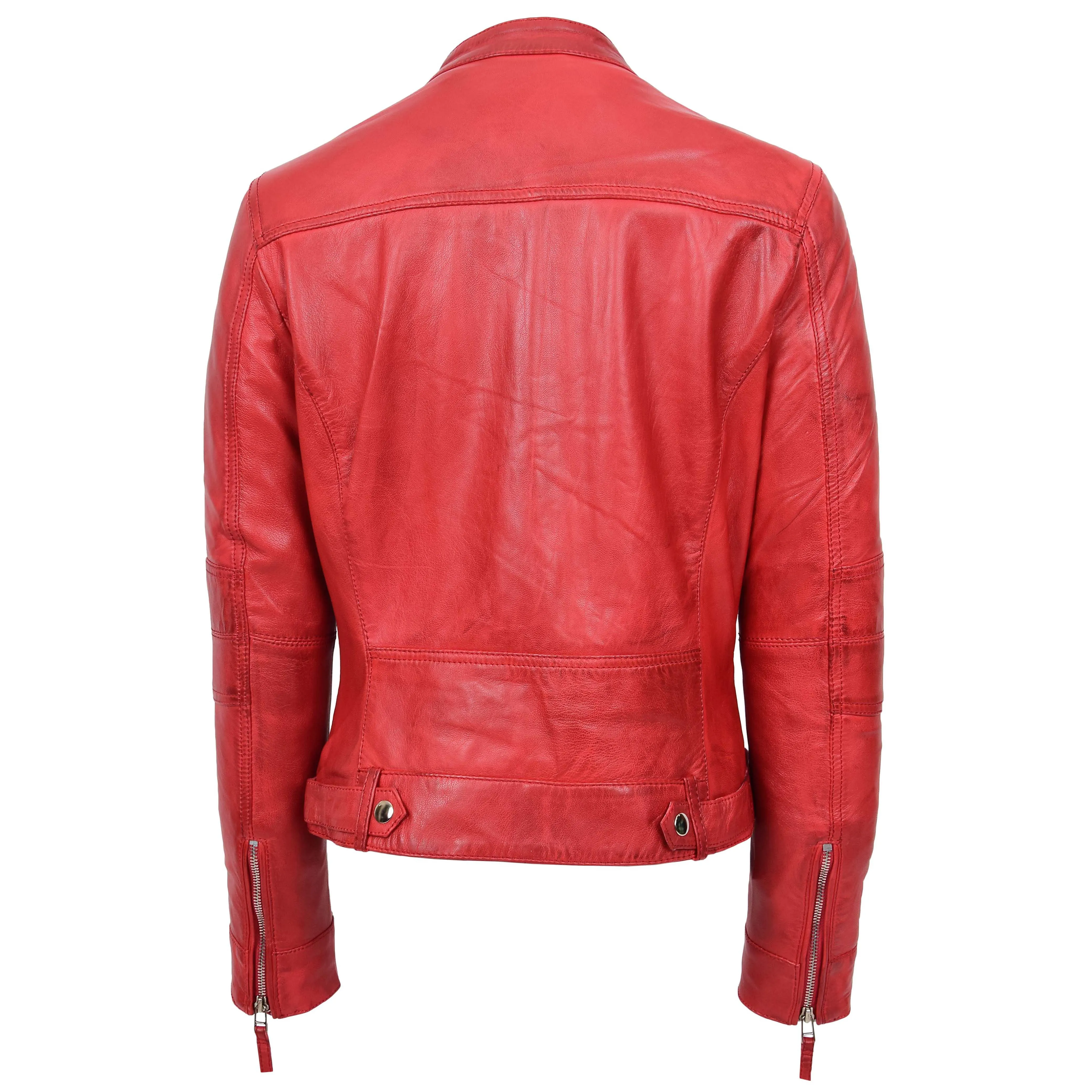 Womens Real Leather Biker Jacket Casual Style Annie Red