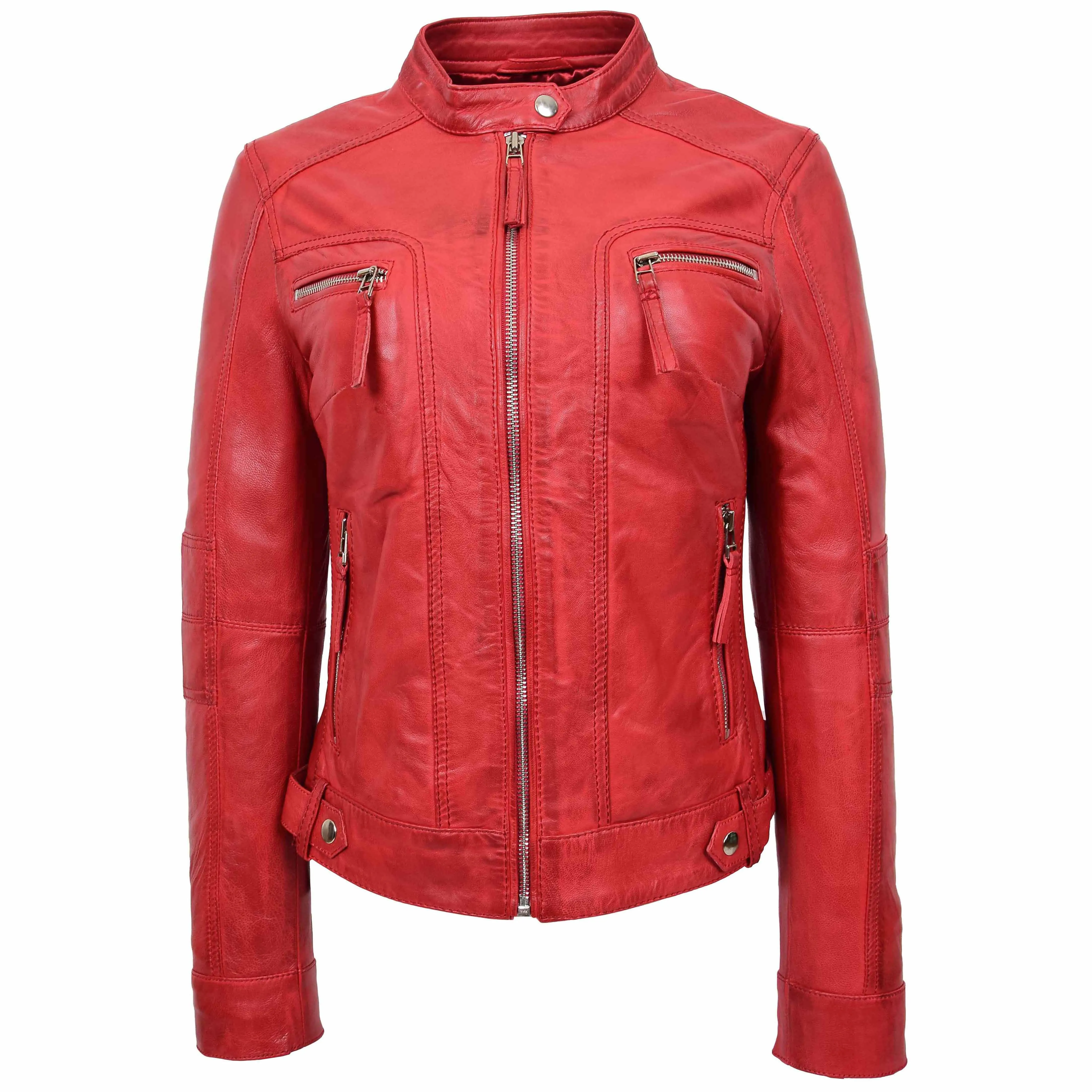 Womens Real Leather Biker Jacket Casual Style Annie Red