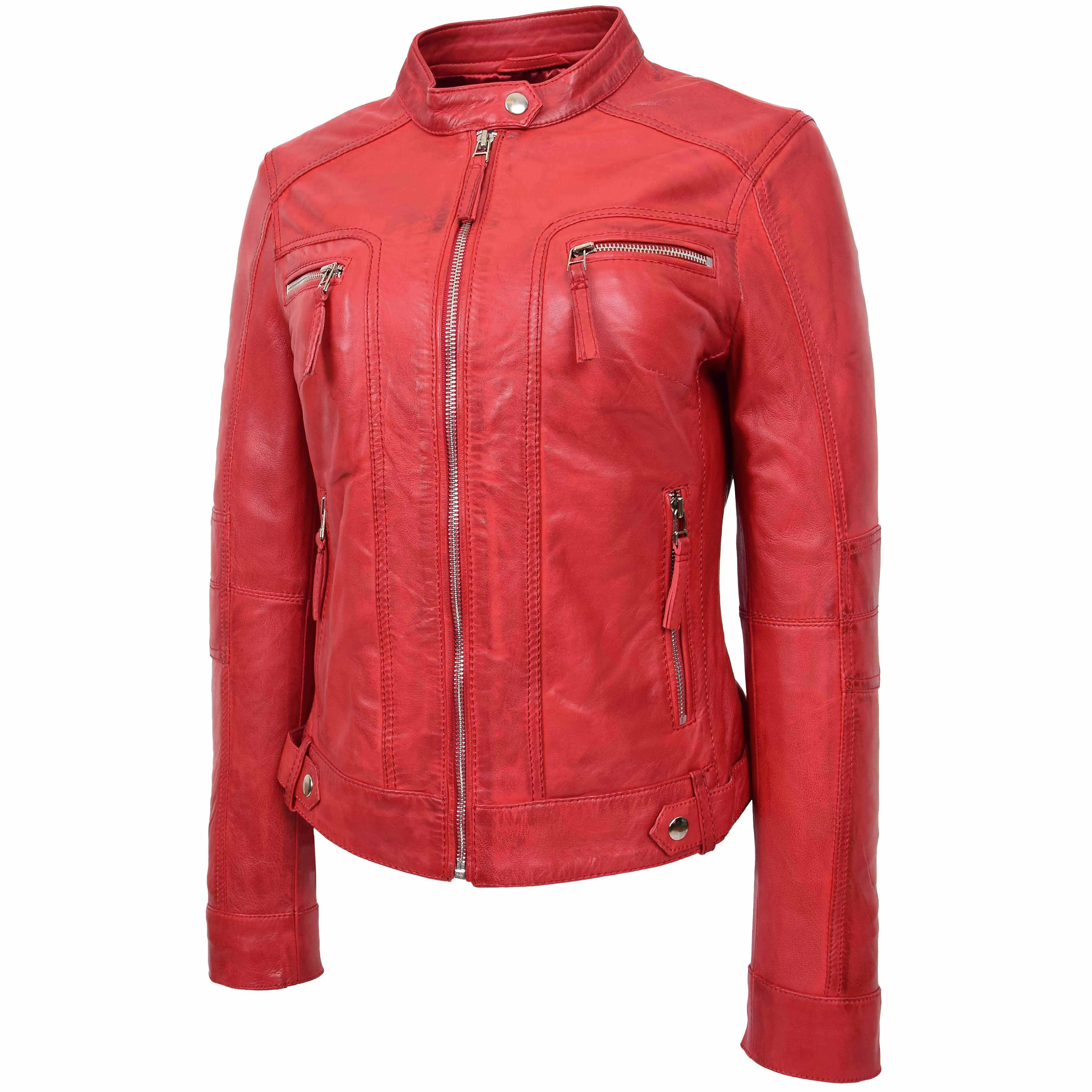 Womens Real Leather Biker Jacket Casual Style Annie Red