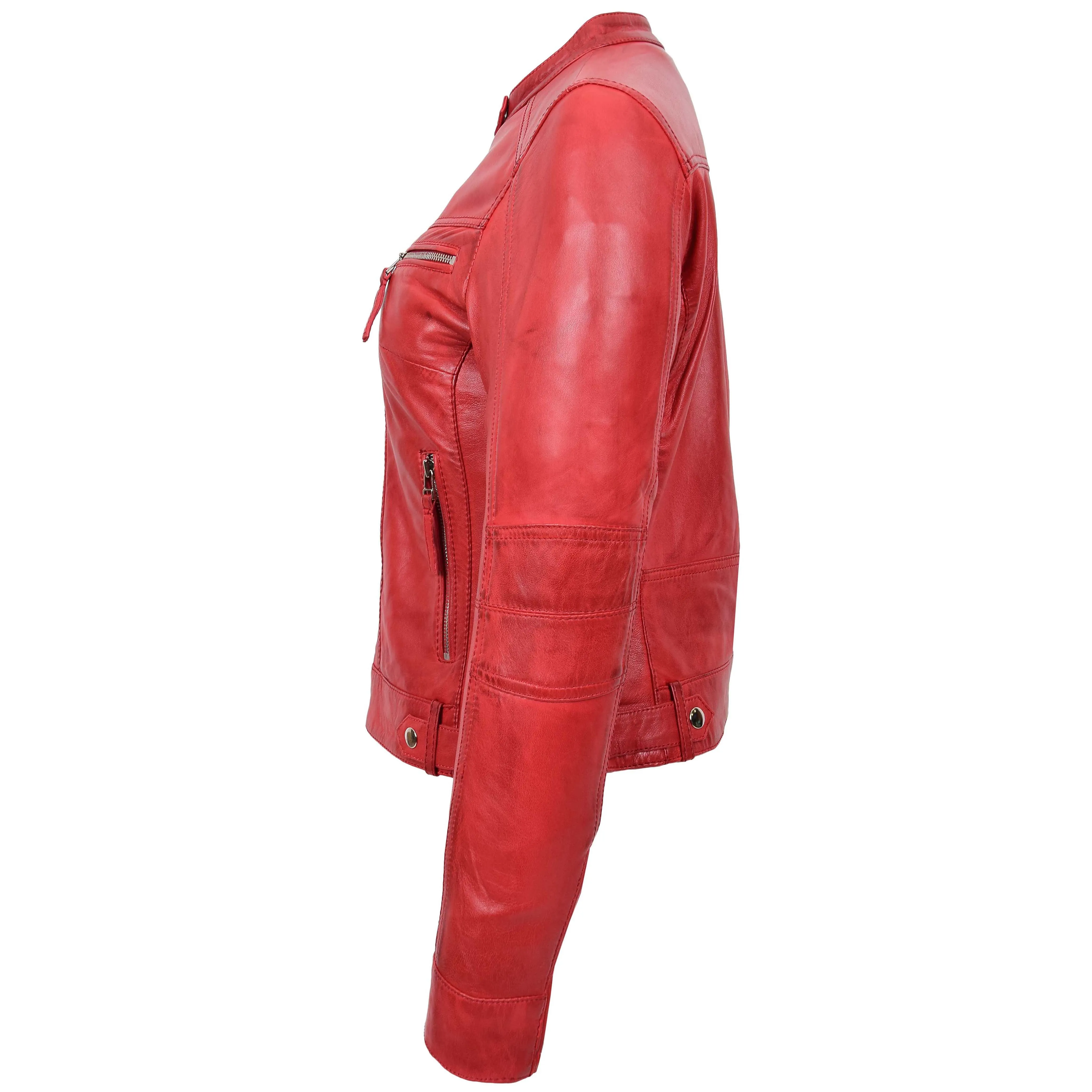 Womens Real Leather Biker Jacket Casual Style Annie Red