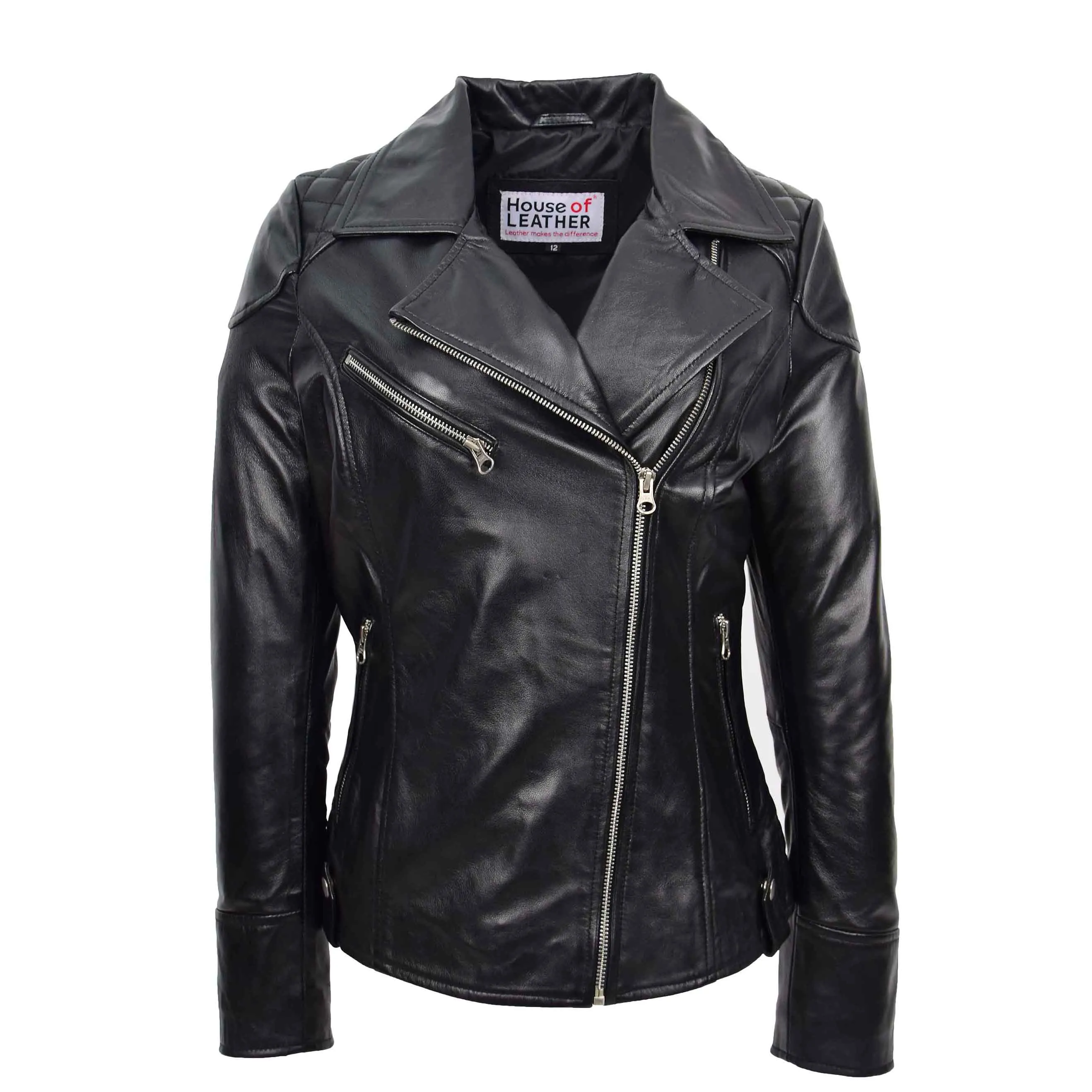 Womens Real Leather Biker Jacket Cross Zip Pockets Cherry Black