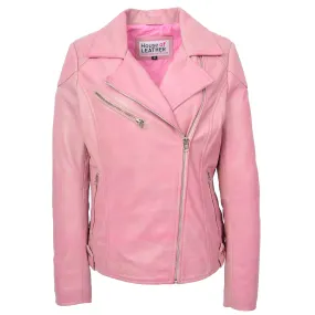 Womens Real Leather Biker Jacket Cross Zip Pockets Cherry Pink