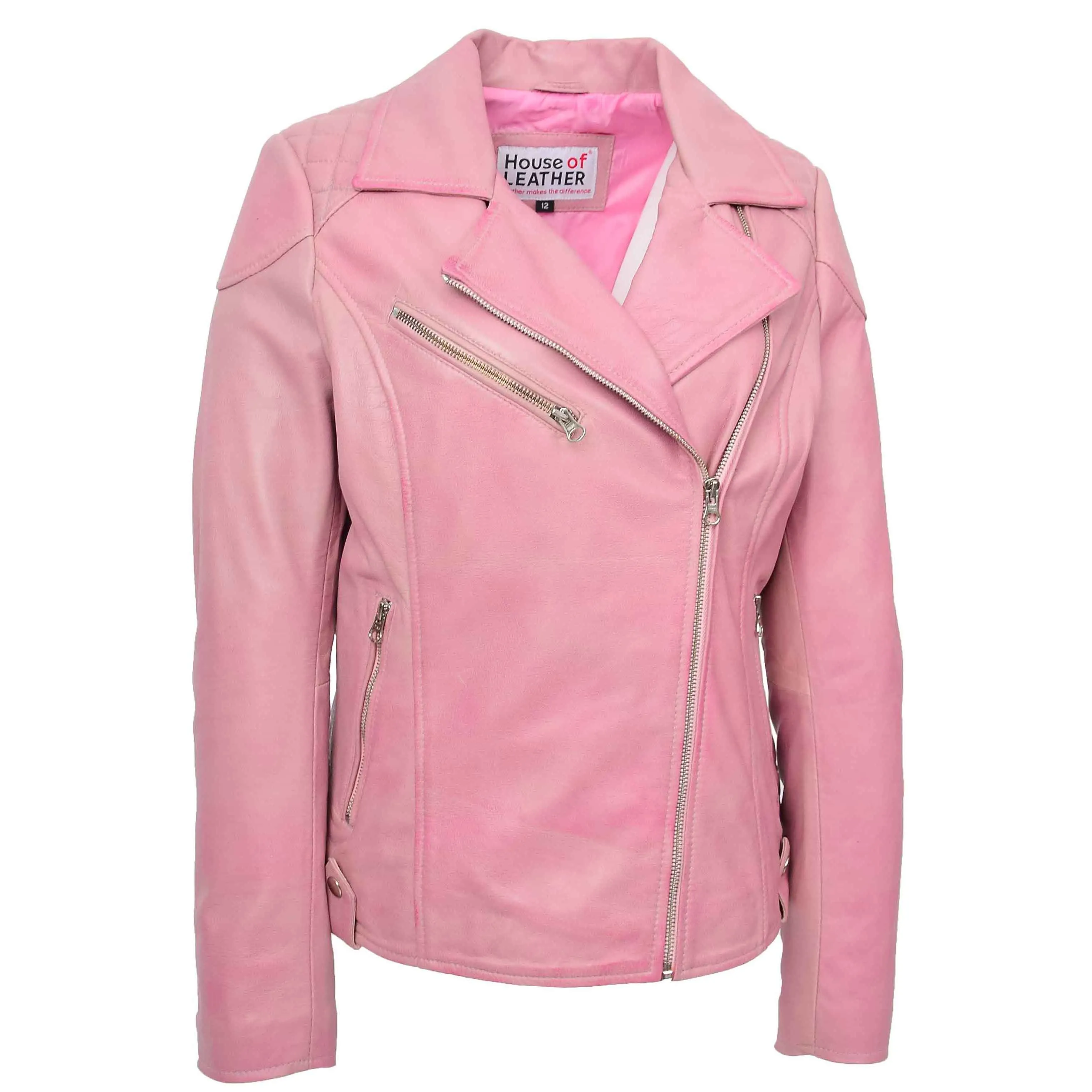 Womens Real Leather Biker Jacket Cross Zip Pockets Cherry Pink