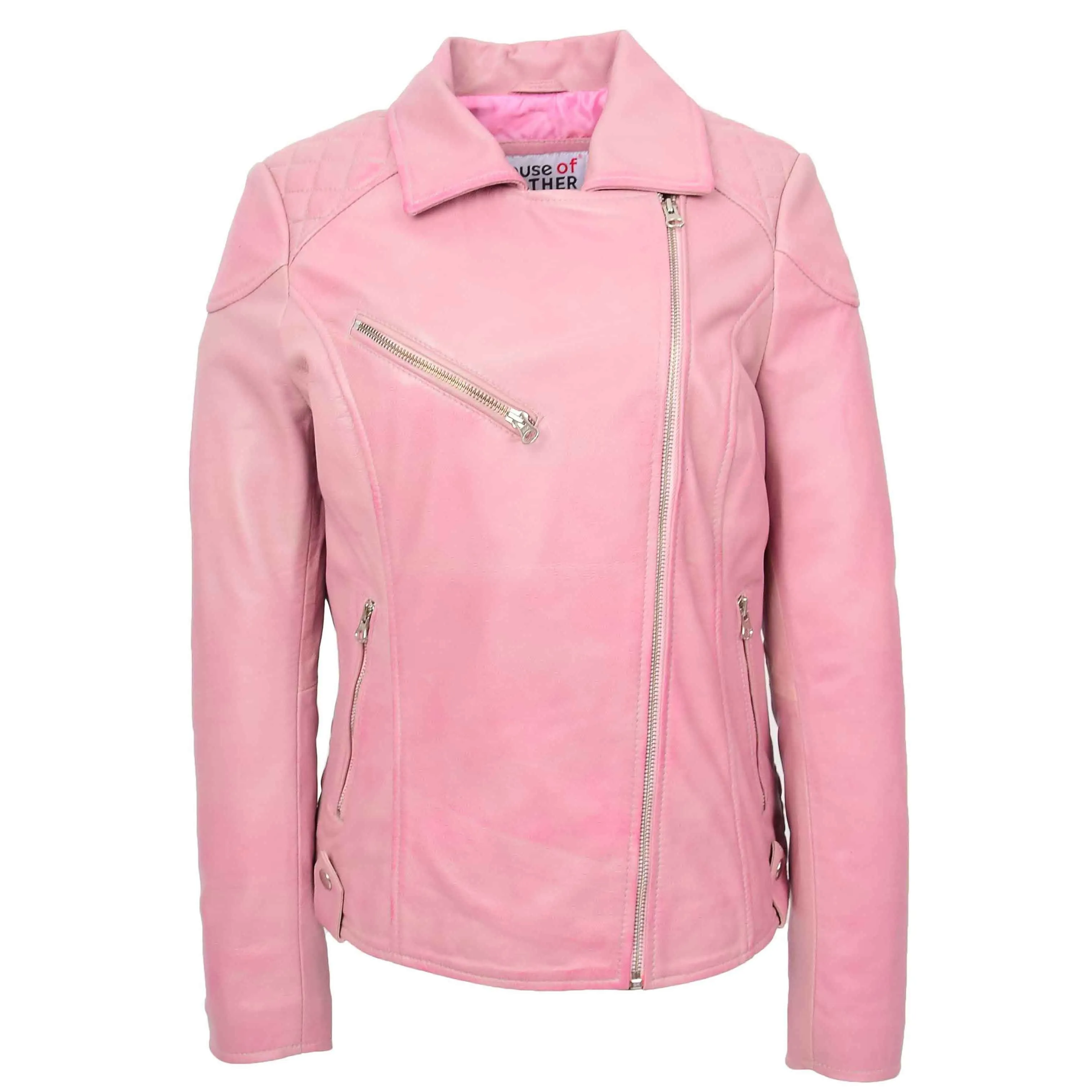 Womens Real Leather Biker Jacket Cross Zip Pockets Cherry Pink