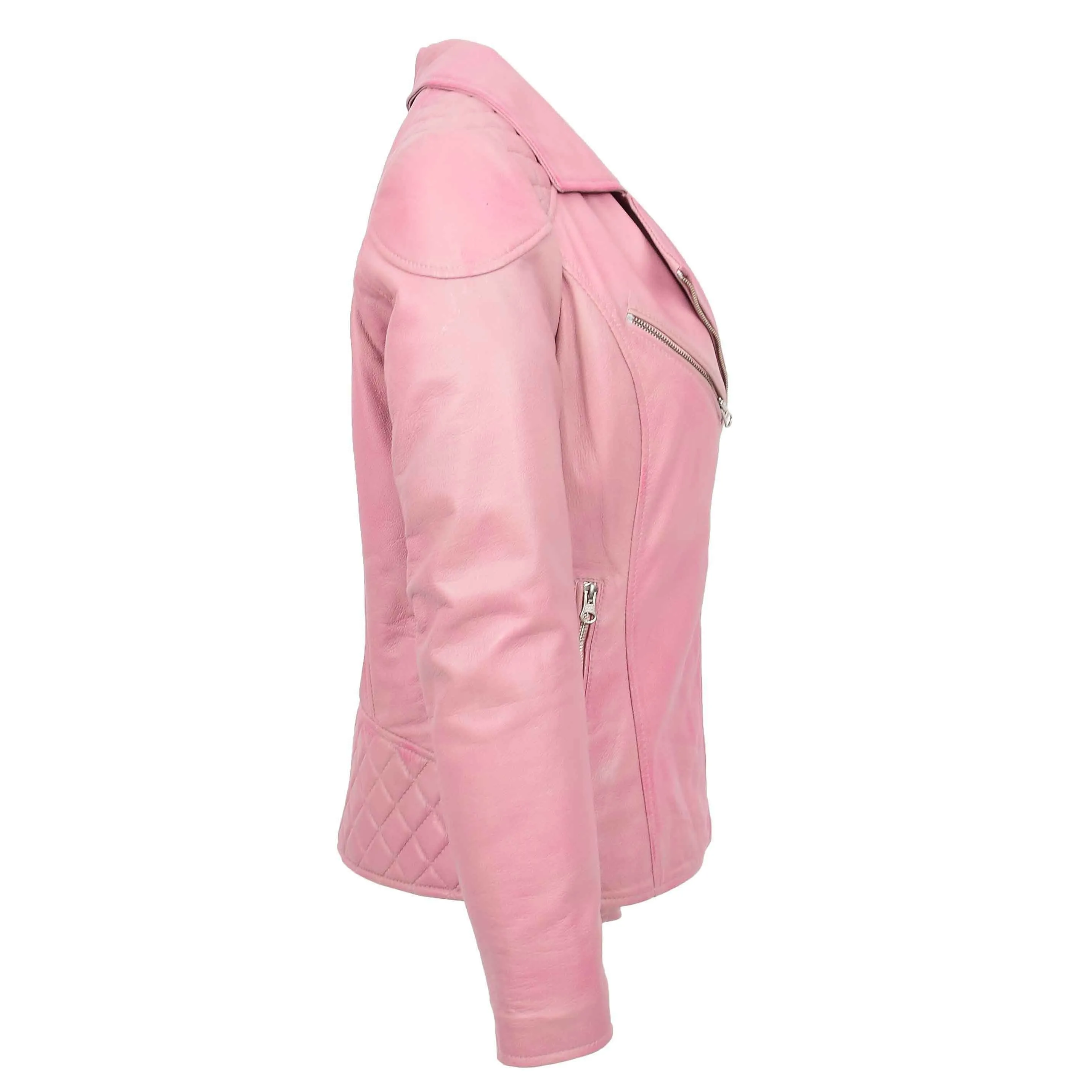 Womens Real Leather Biker Jacket Cross Zip Pockets Cherry Pink