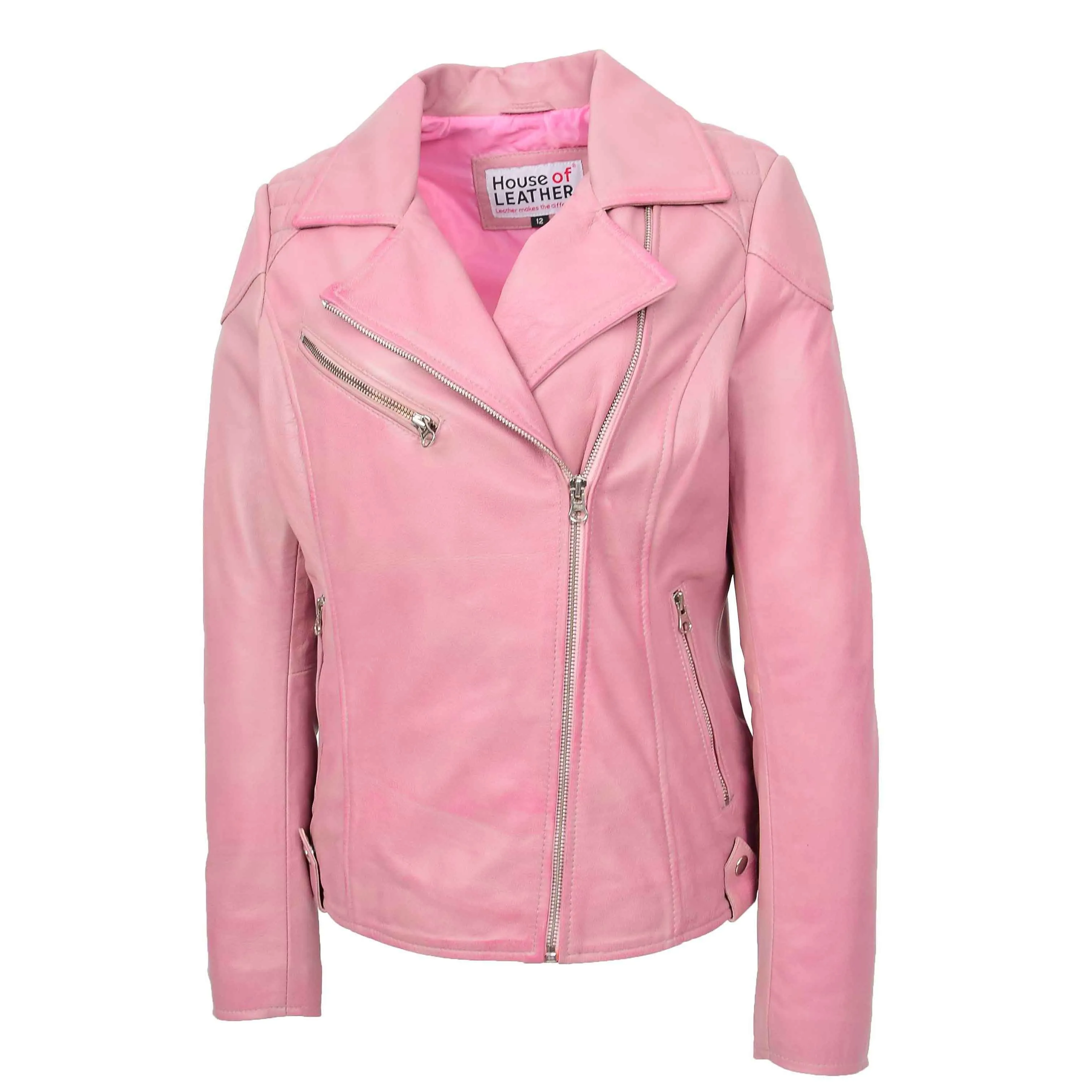 Womens Real Leather Biker Jacket Cross Zip Pockets Cherry Pink