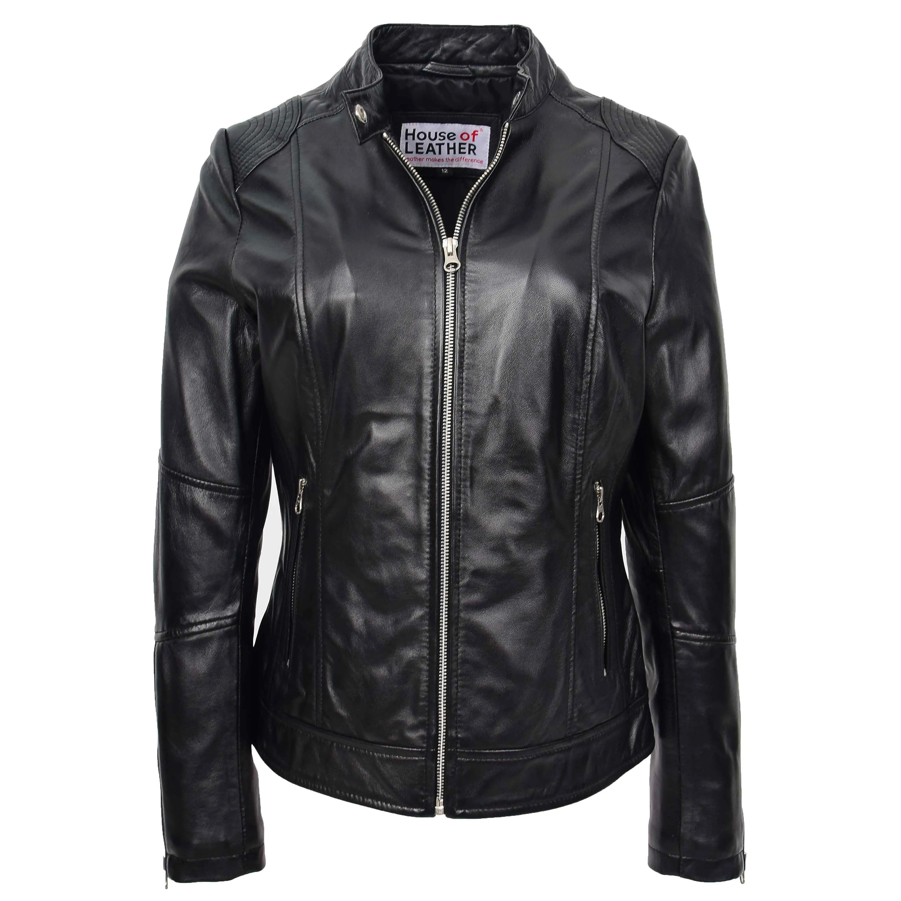 Womens Real Leather Biker Jacket Zip up Casual Connie Black