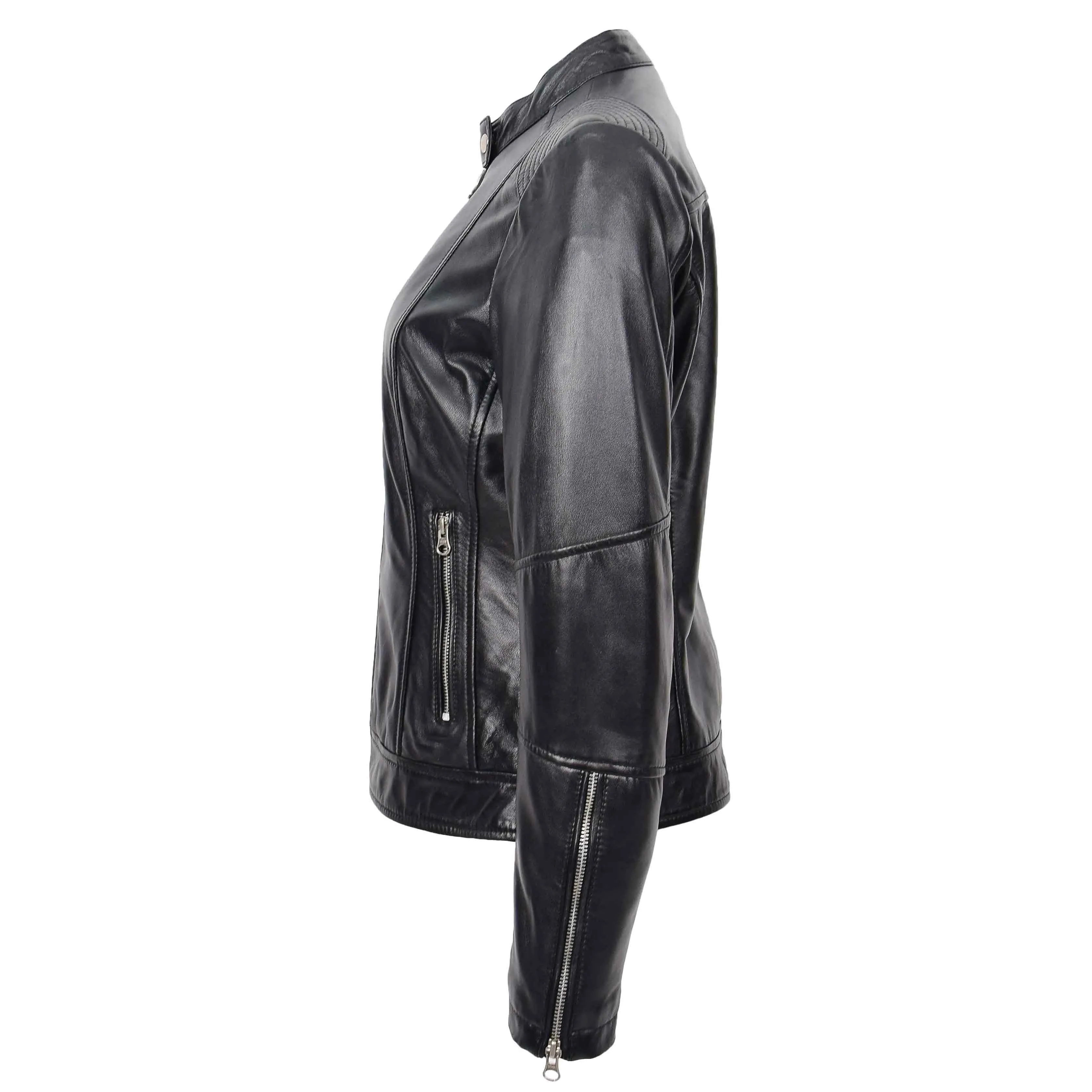 Womens Real Leather Biker Jacket Zip up Casual Connie Black