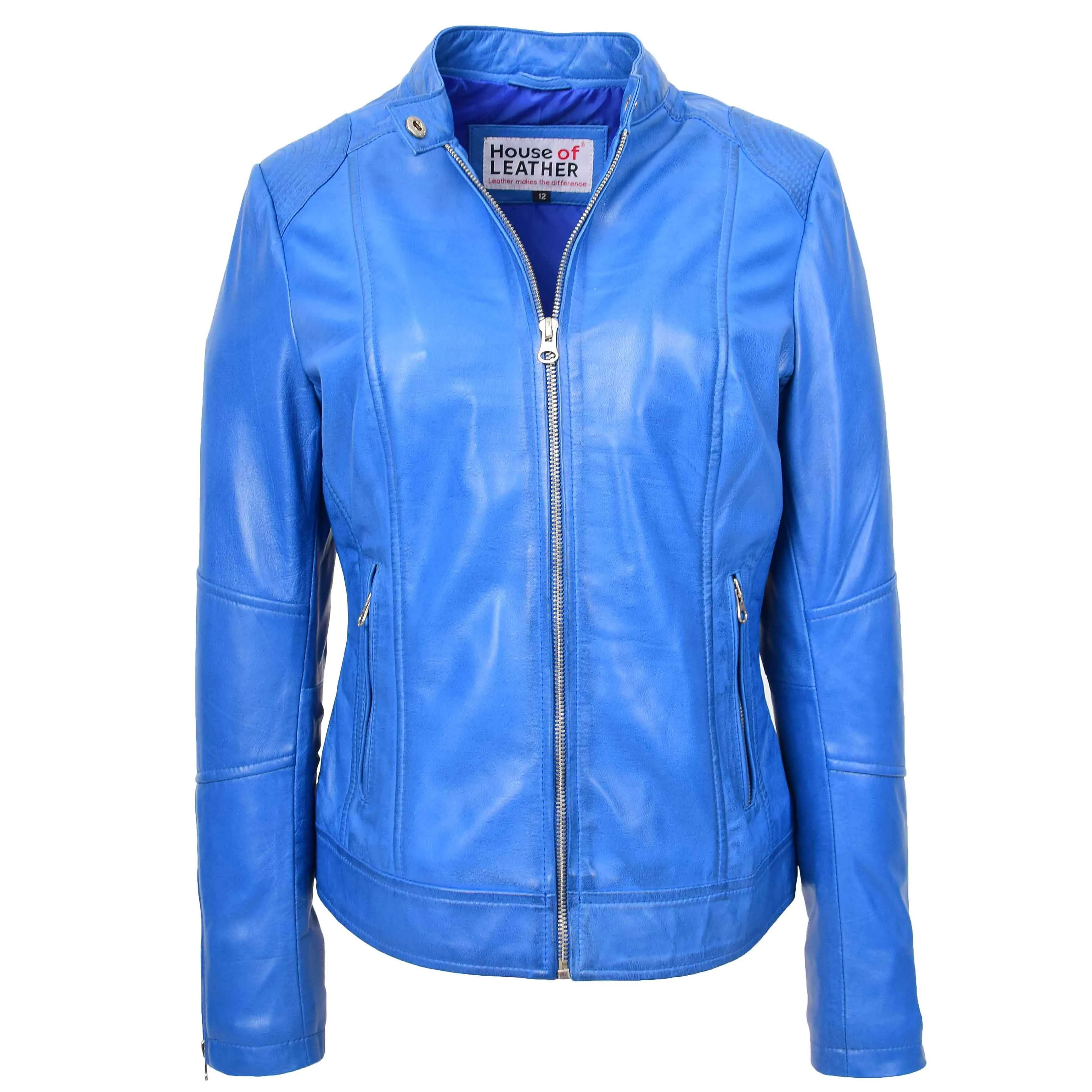 Womens Real Leather Biker Jacket Zip up Casual Connie Blue