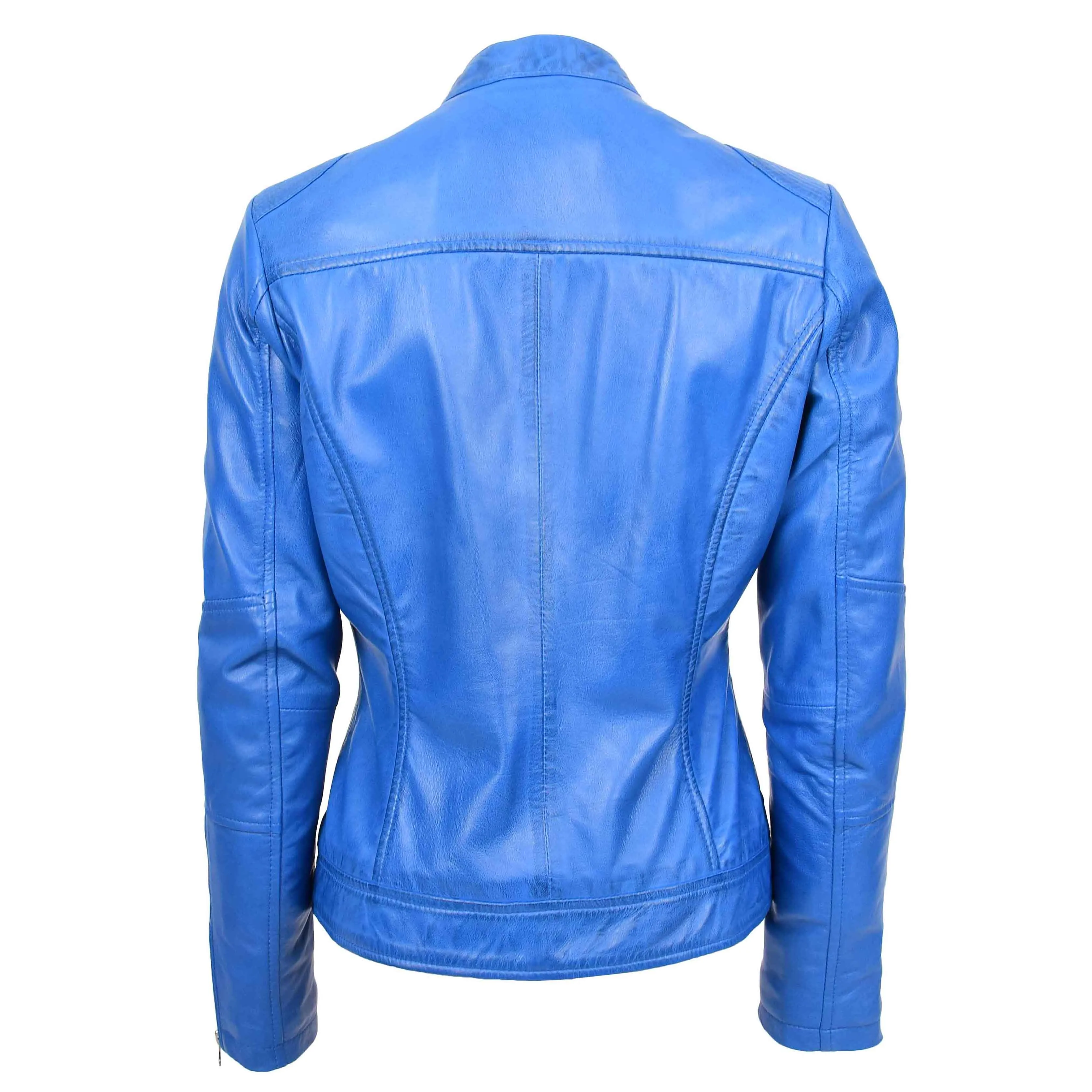 Womens Real Leather Biker Jacket Zip up Casual Connie Blue