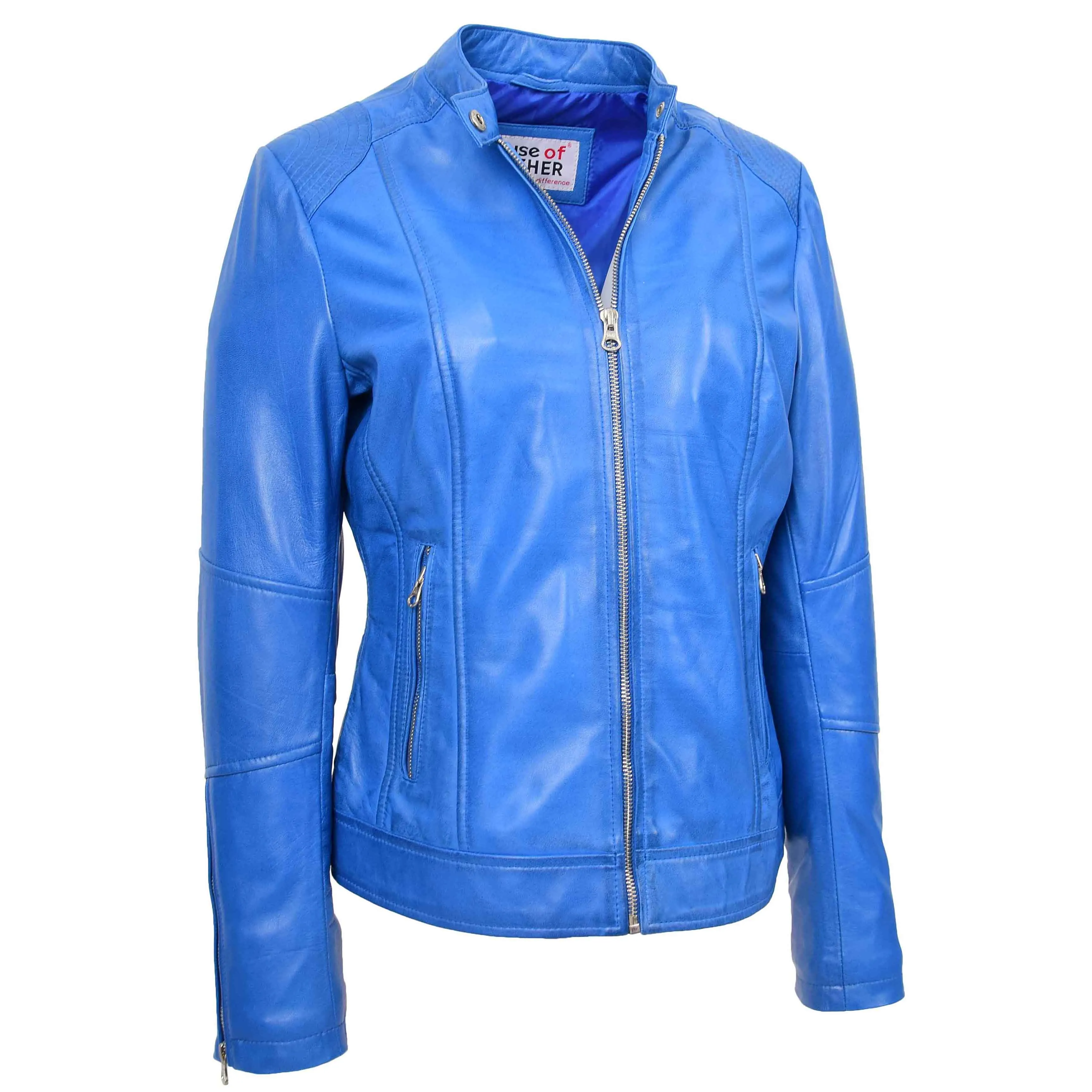 Womens Real Leather Biker Jacket Zip up Casual Connie Blue