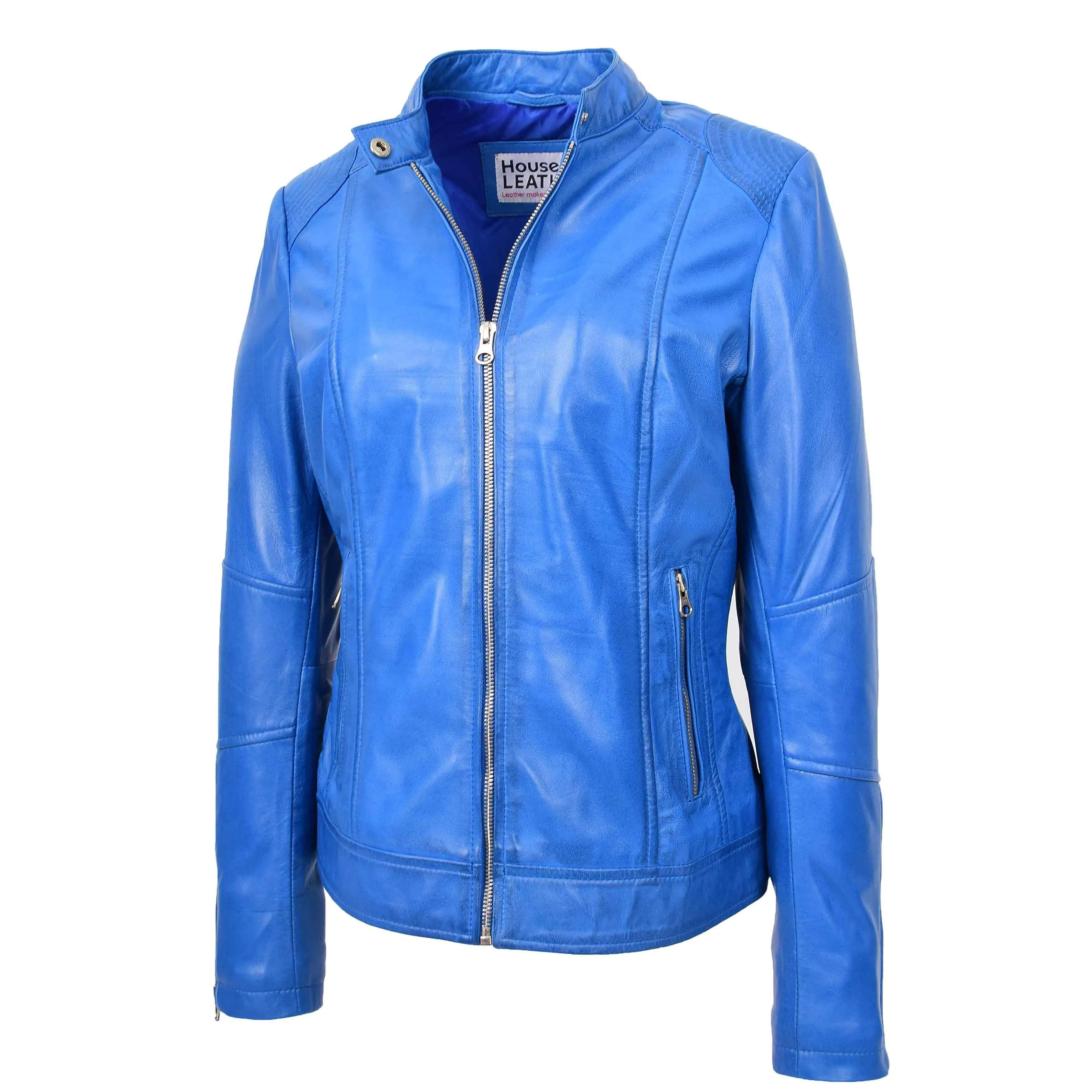 Womens Real Leather Biker Jacket Zip up Casual Connie Blue