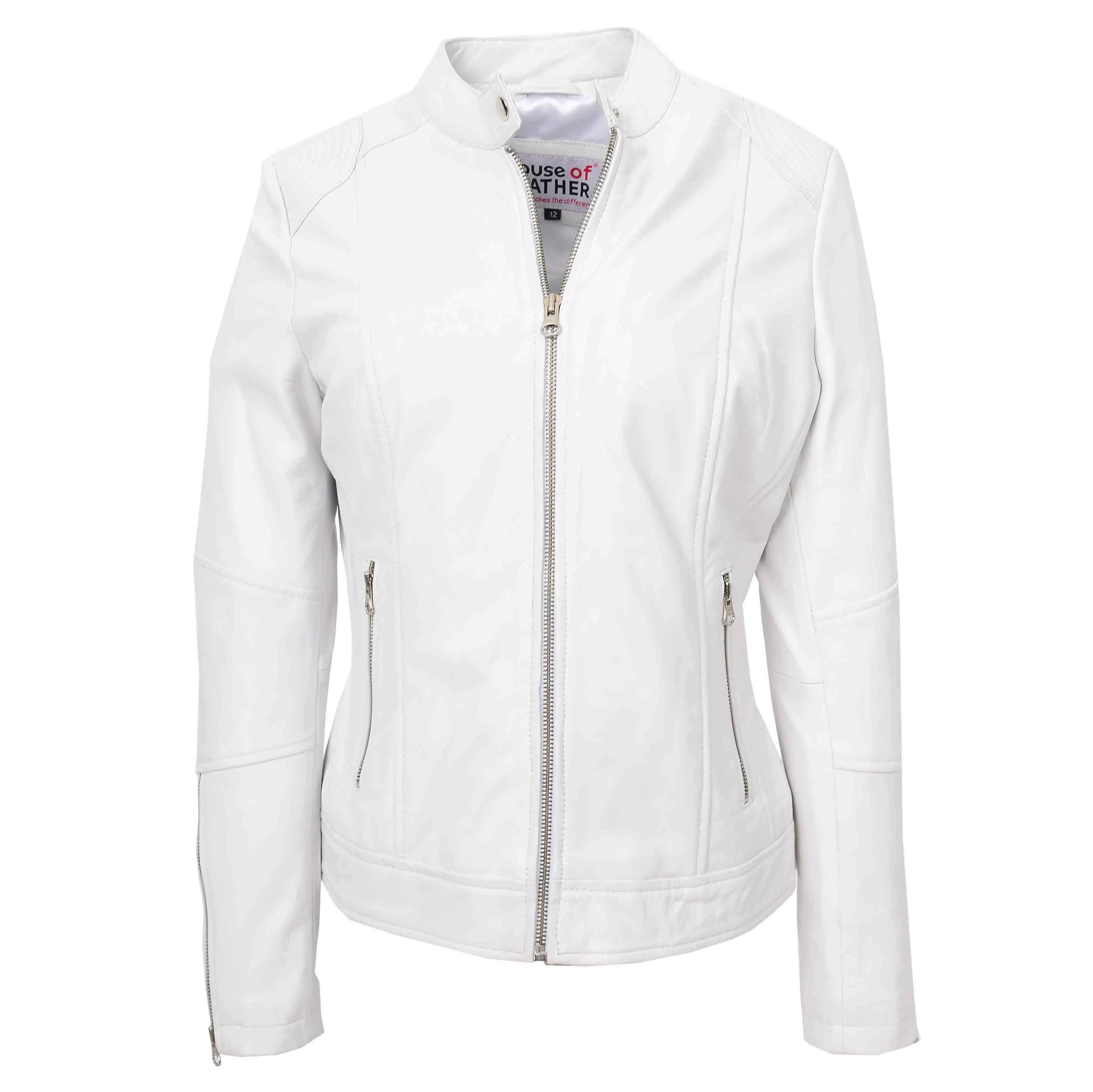 Womens Real Leather Biker Jacket Zip up Casual Connie White