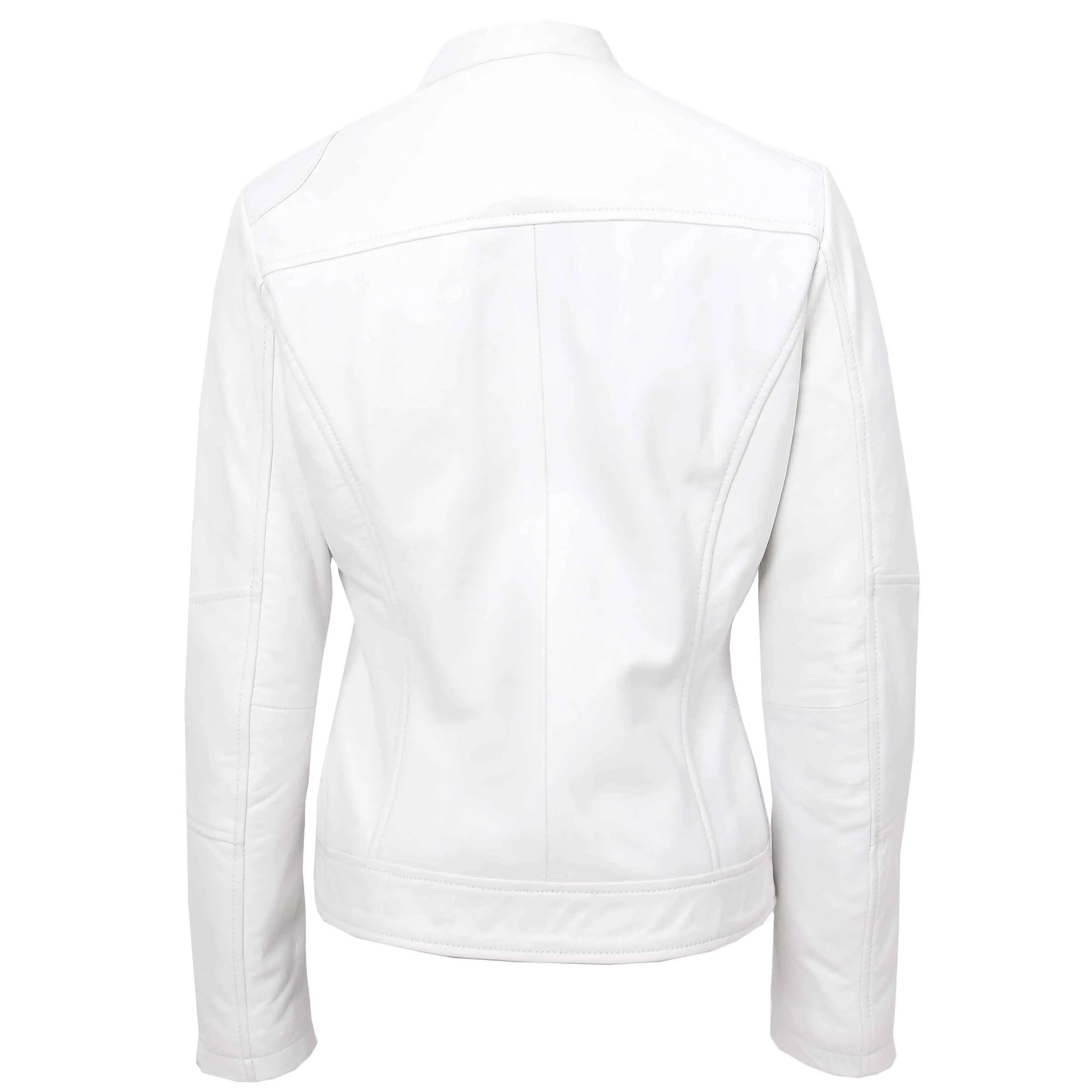 Womens Real Leather Biker Jacket Zip up Casual Connie White