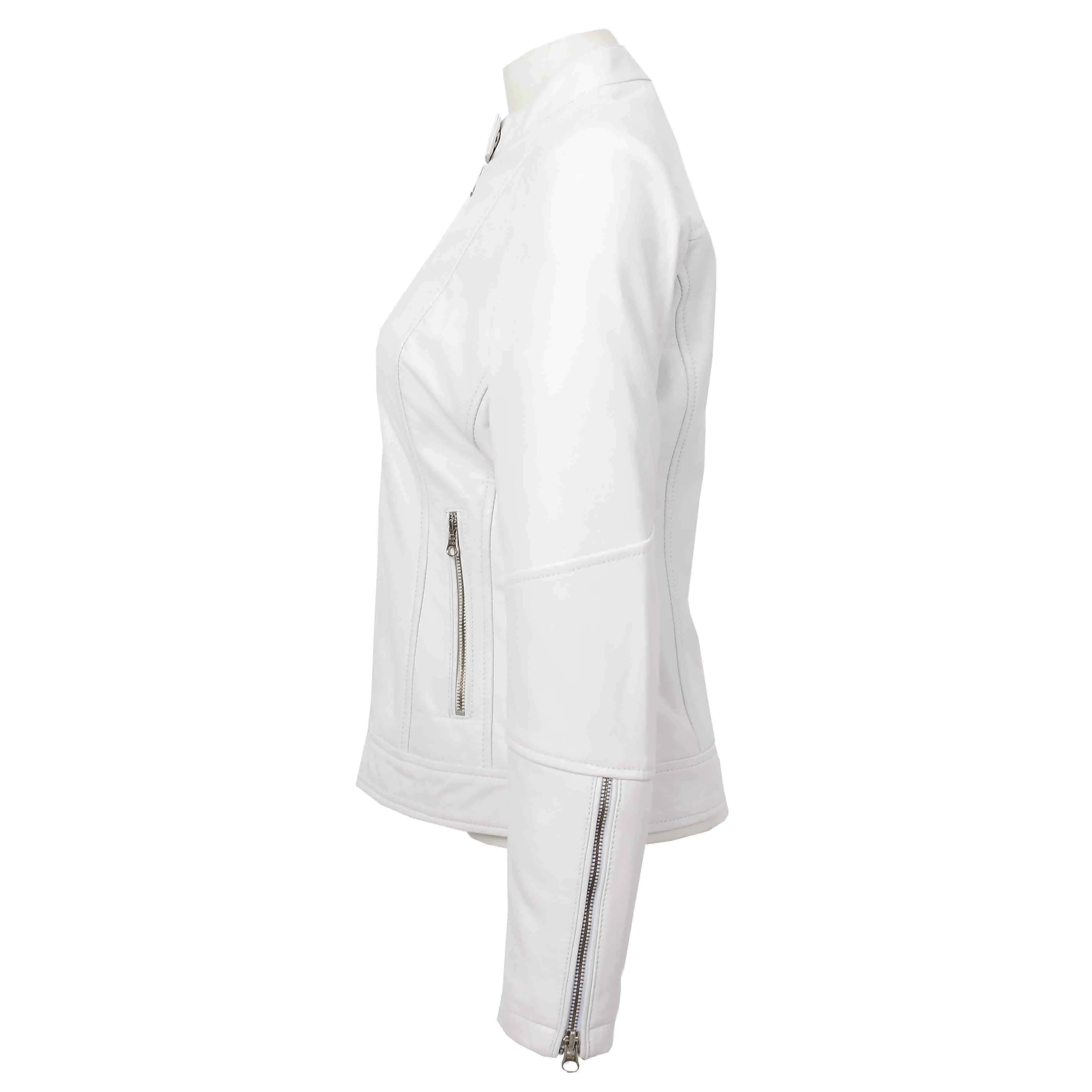 Womens Real Leather Biker Jacket Zip up Casual Connie White