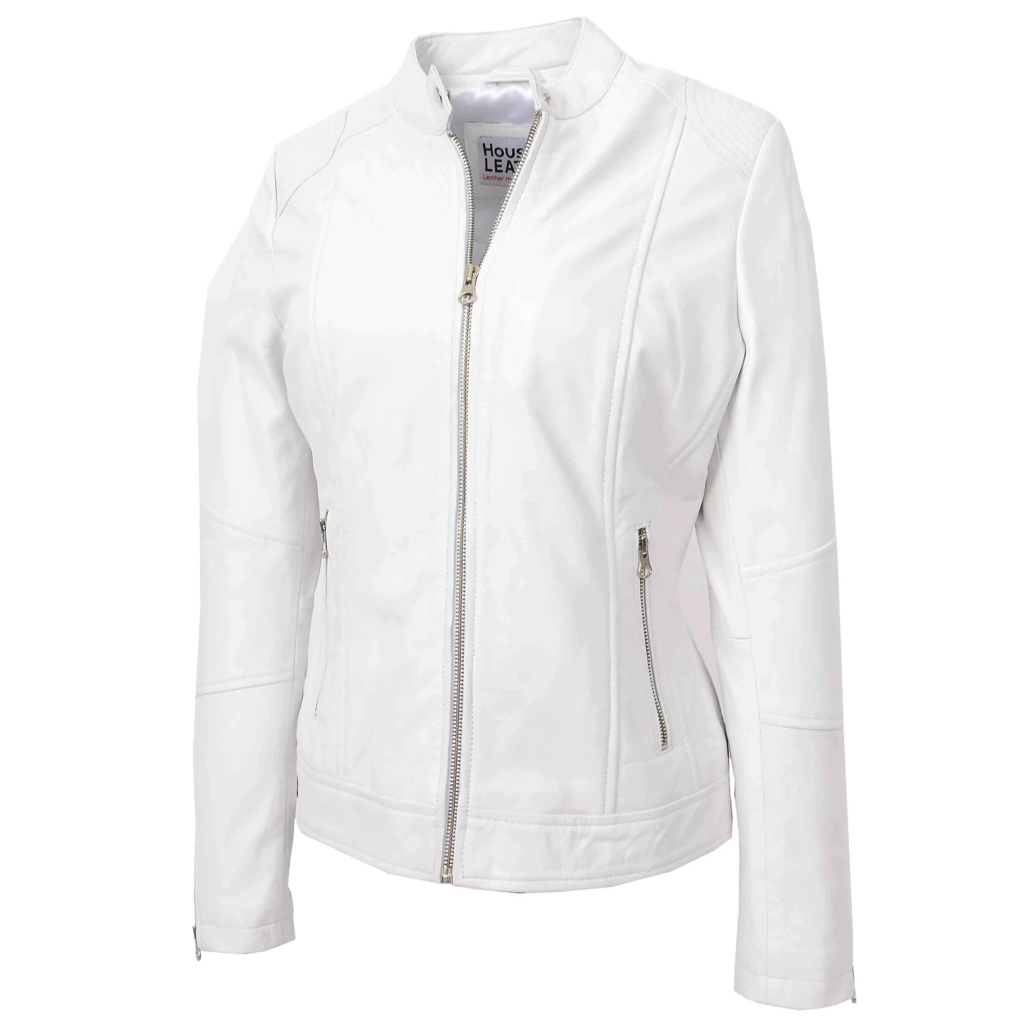 Womens Real Leather Biker Jacket Zip up Casual Connie White