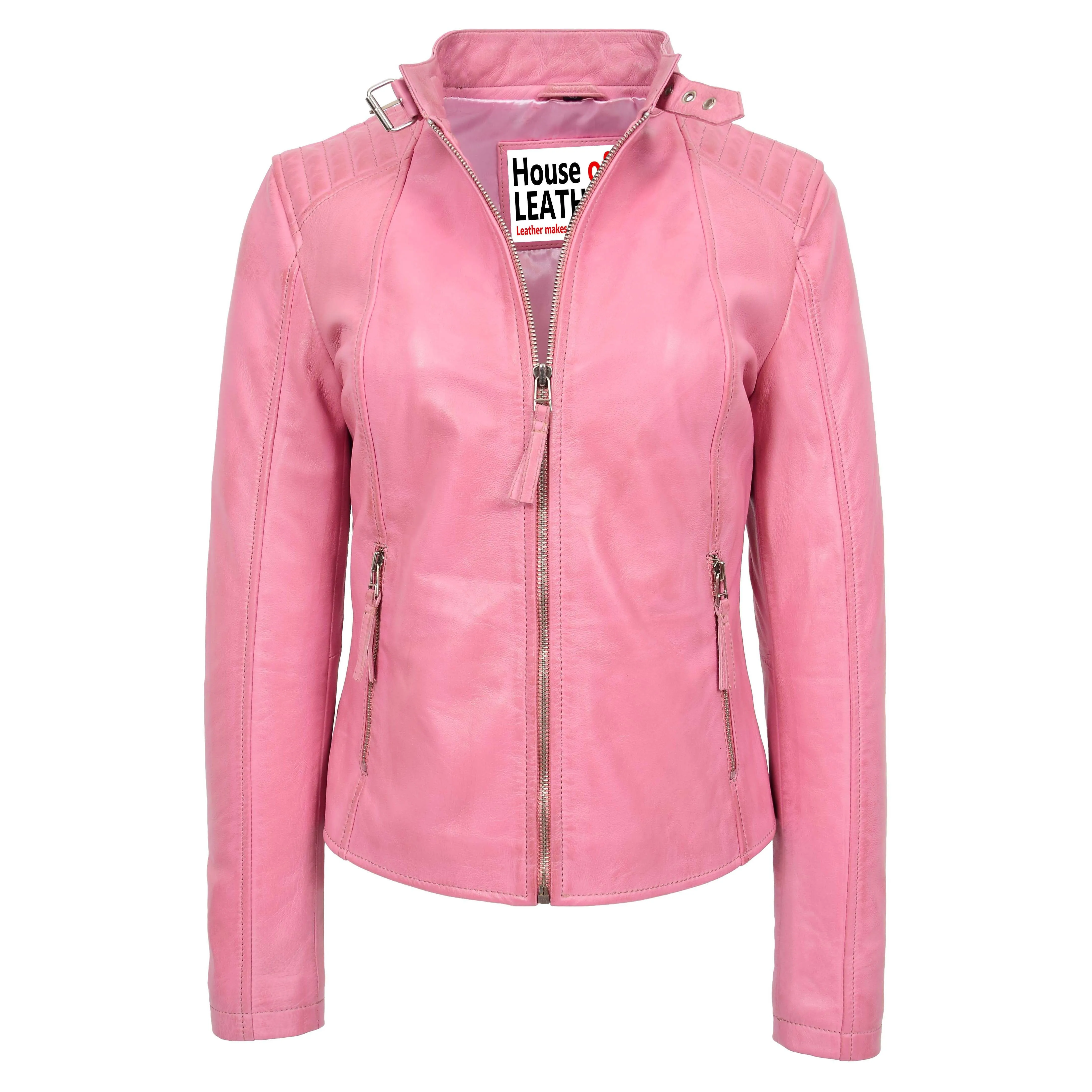 Womens Real Leather Classic Biker Jacket Sophia Baby Pink