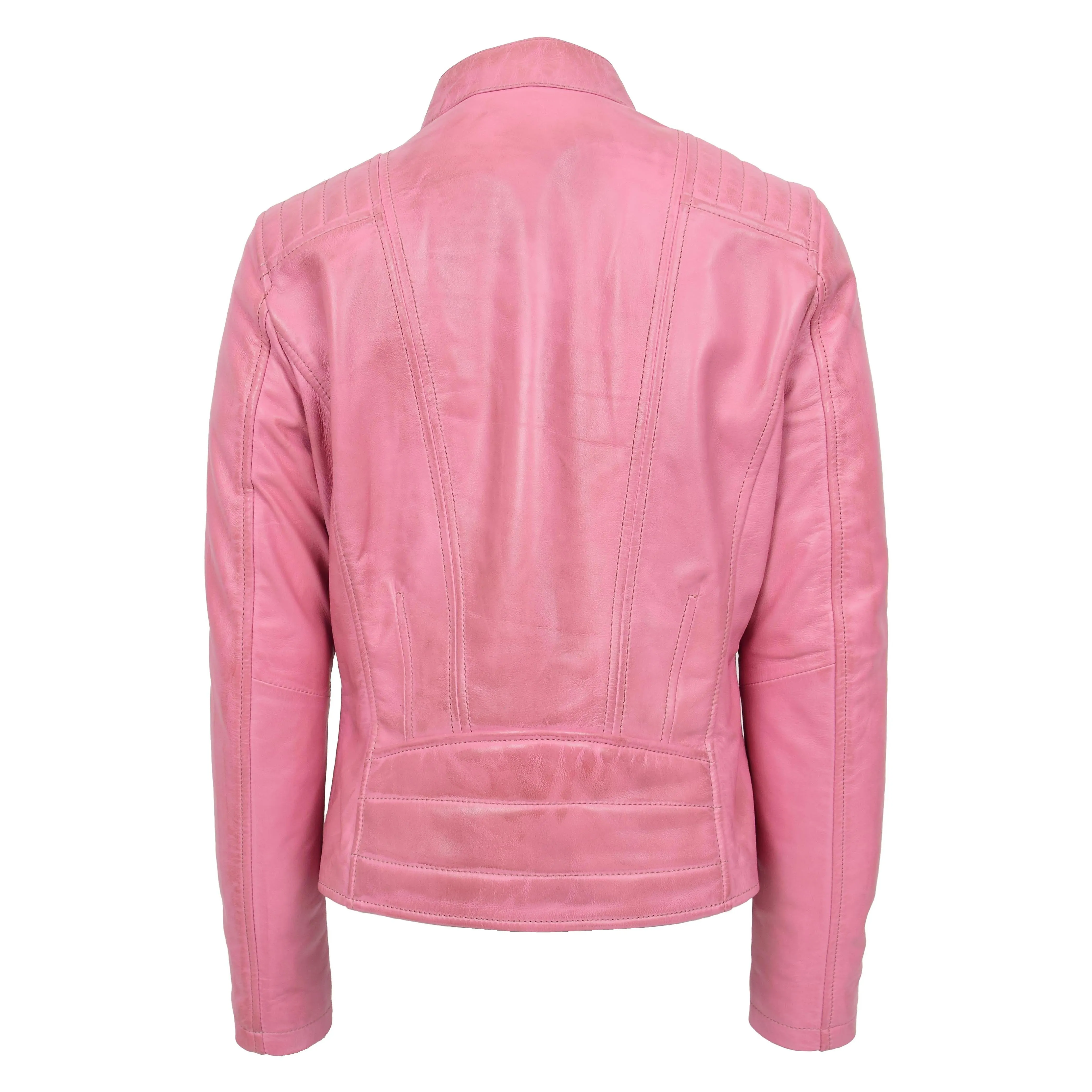 Womens Real Leather Classic Biker Jacket Sophia Baby Pink