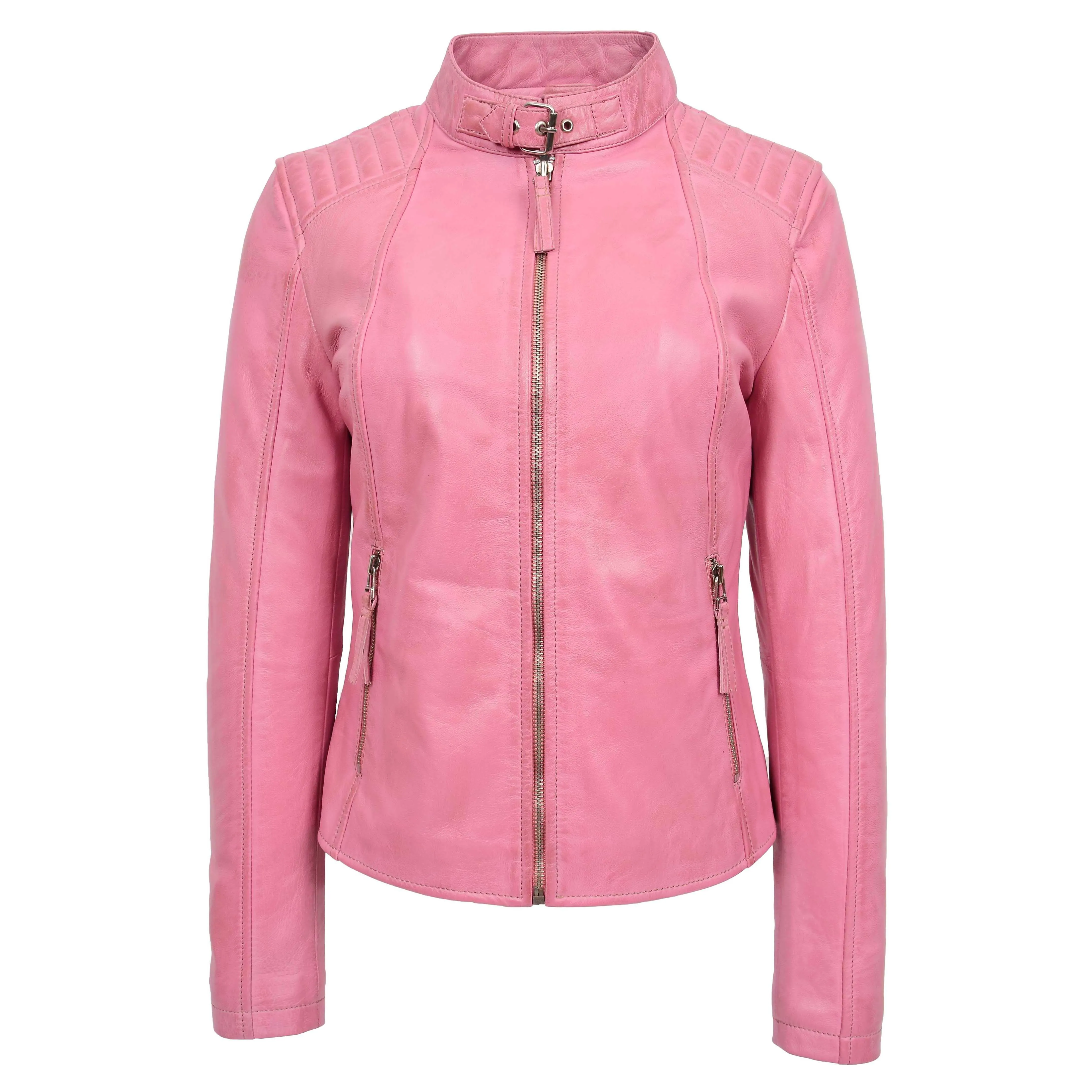 Womens Real Leather Classic Biker Jacket Sophia Baby Pink