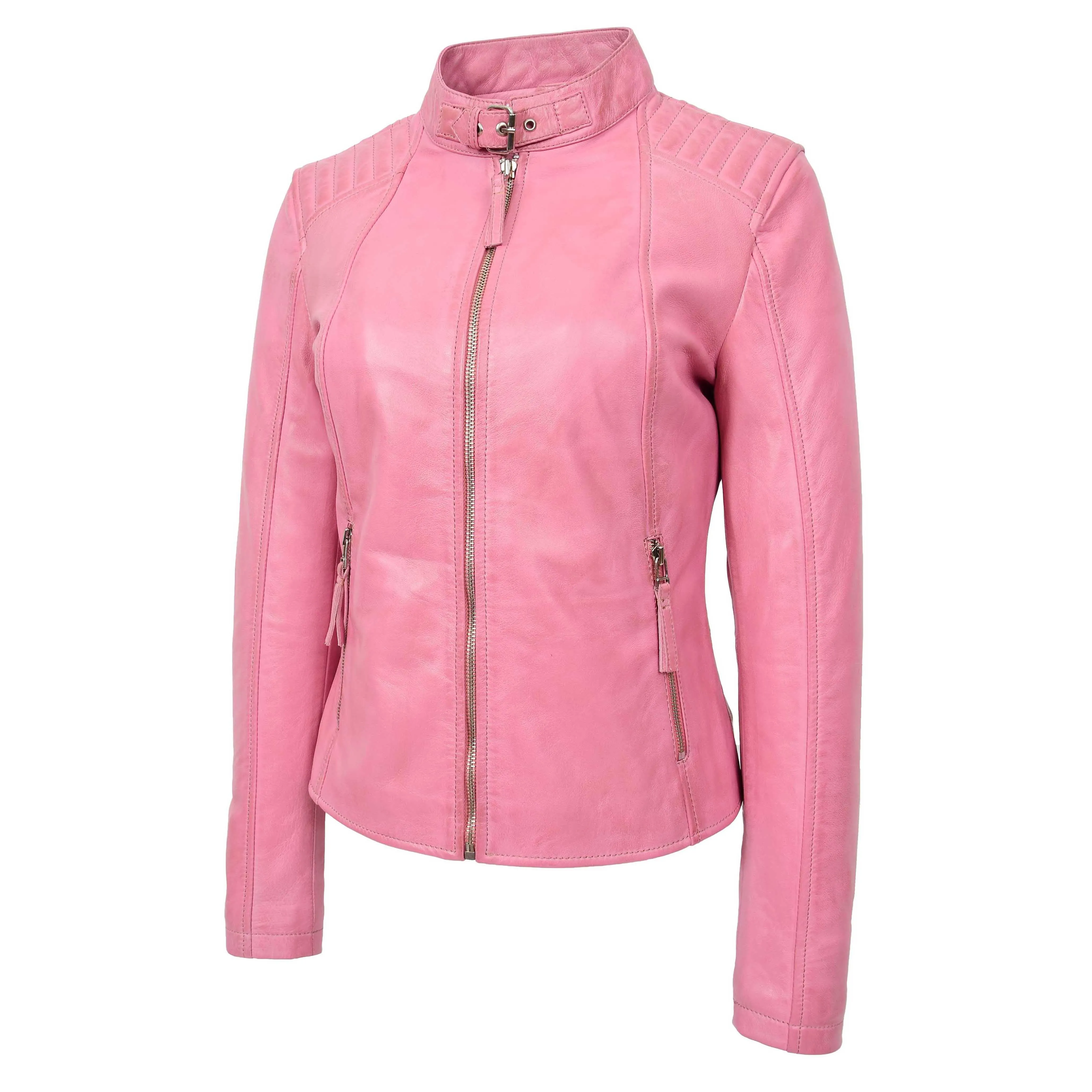 Womens Real Leather Classic Biker Jacket Sophia Baby Pink