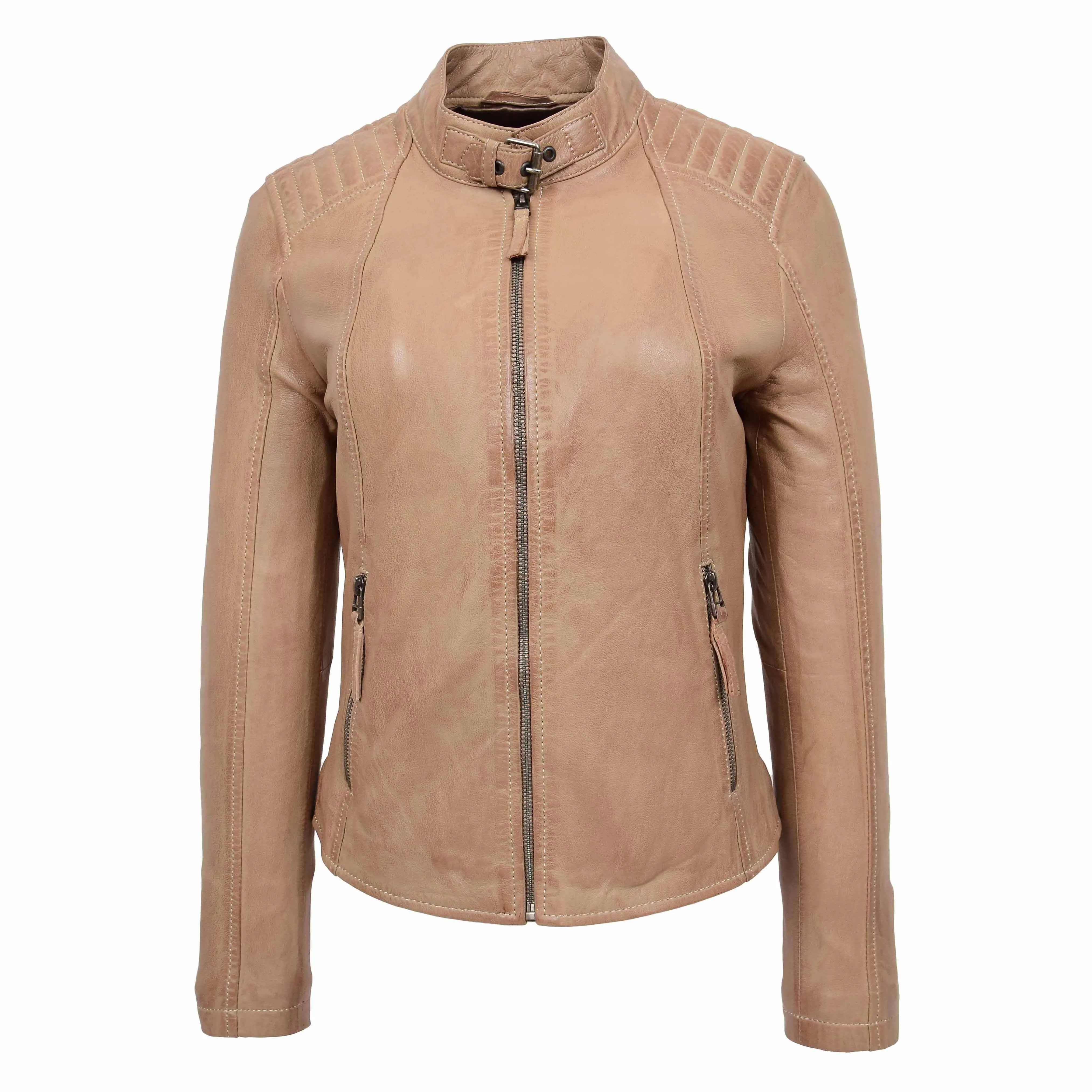 Womens Real Leather Classic Biker Jacket Sophia Beige