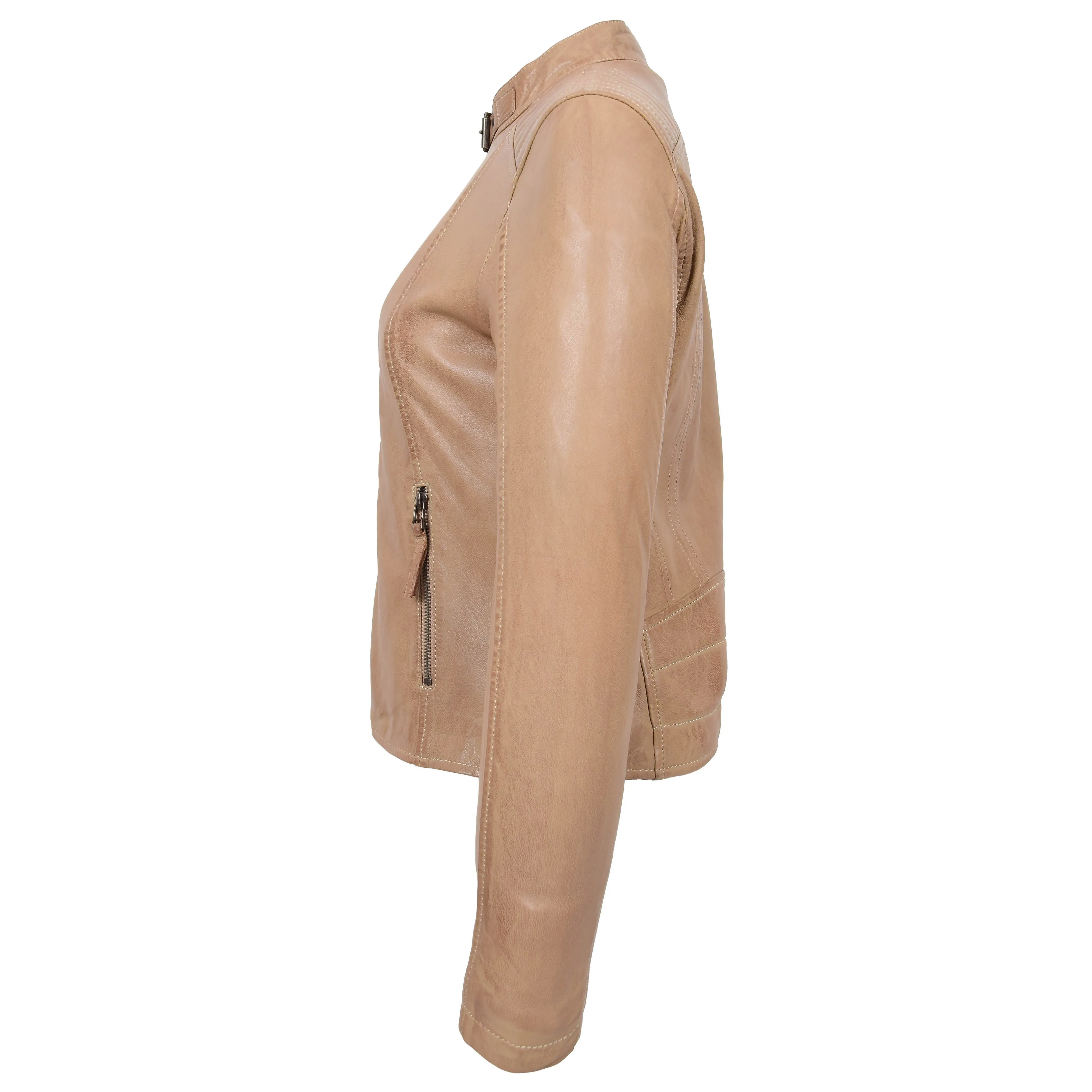 Womens Real Leather Classic Biker Jacket Sophia Beige