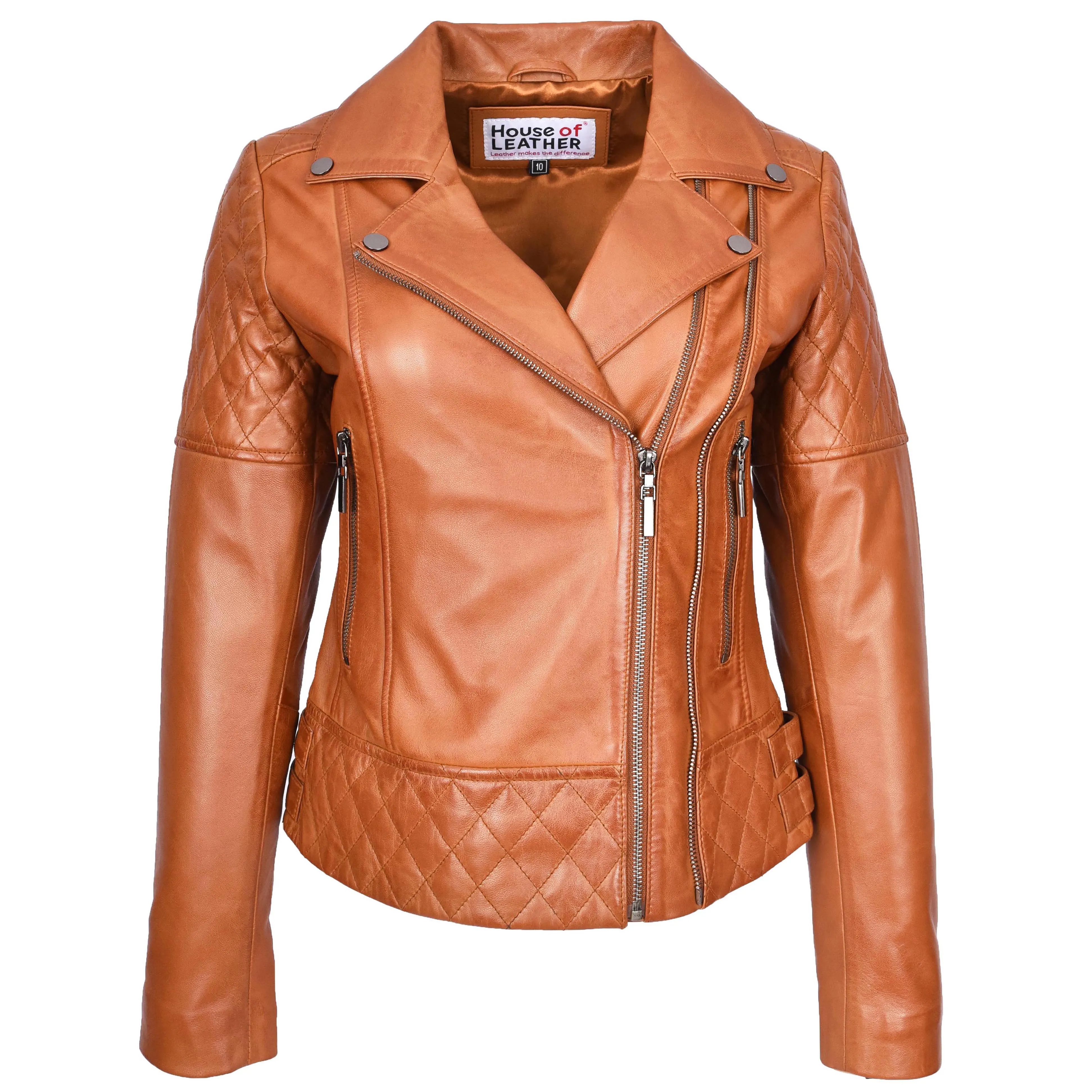 Women's Real Leather Jacket Multi Cross Zip Biker Style Fitted Quilted Nixi Tan