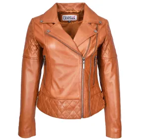 Women's Real Leather Jacket Multi Cross Zip Biker Style Fitted Quilted Nixi Tan