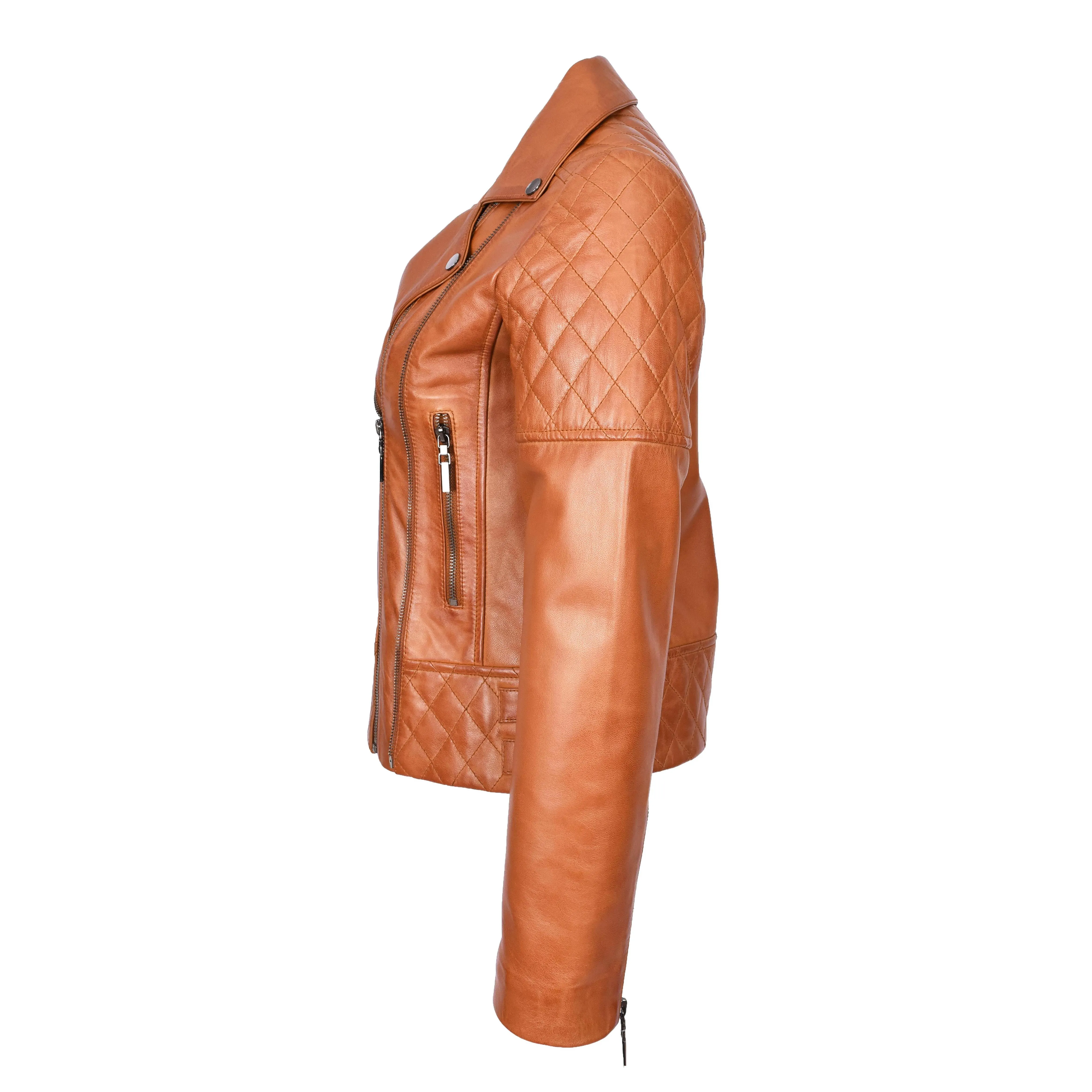 Women's Real Leather Jacket Multi Cross Zip Biker Style Fitted Quilted Nixi Tan