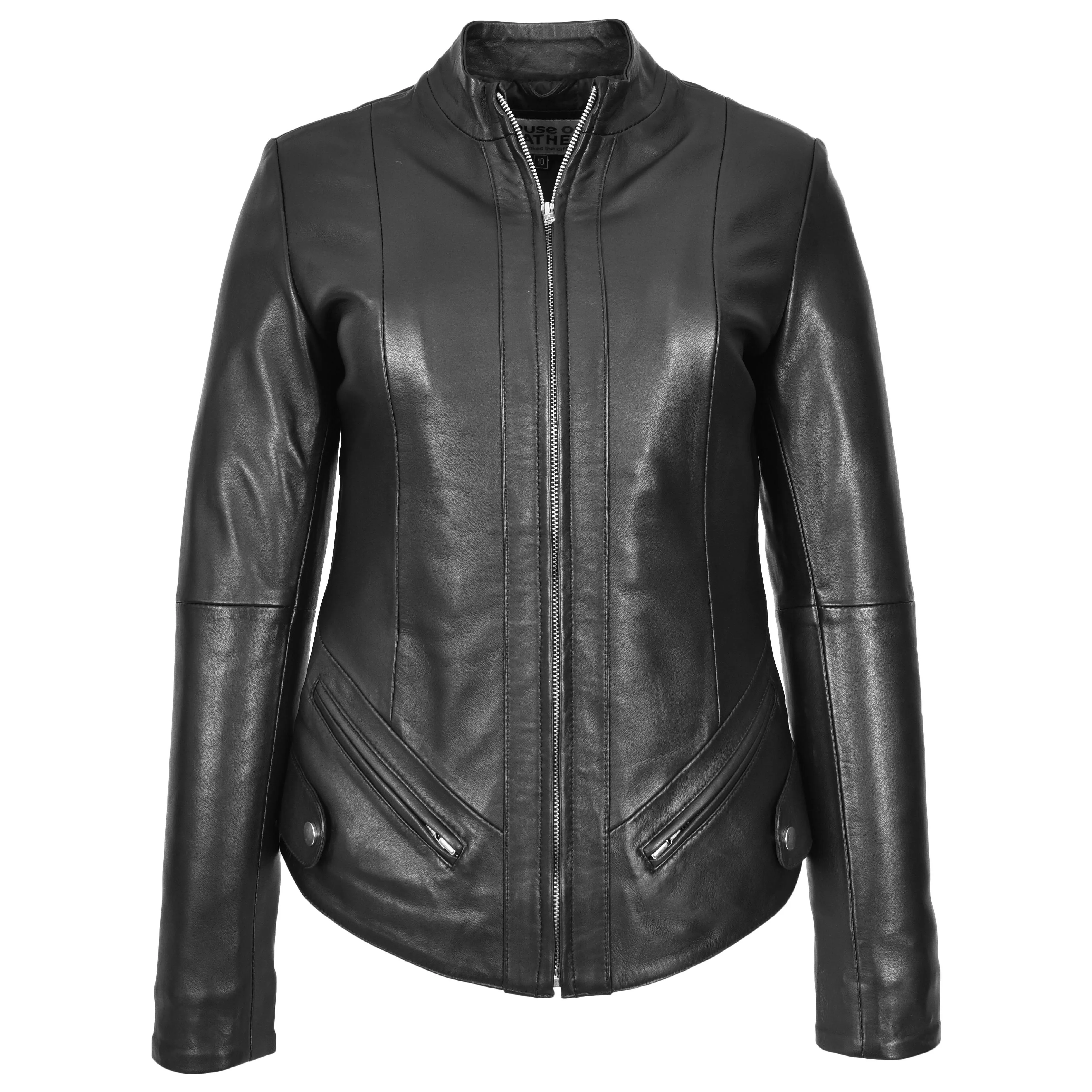 Womens Real Leather Slim Fit Biker Standing Collar Style Jacket Nibi Black