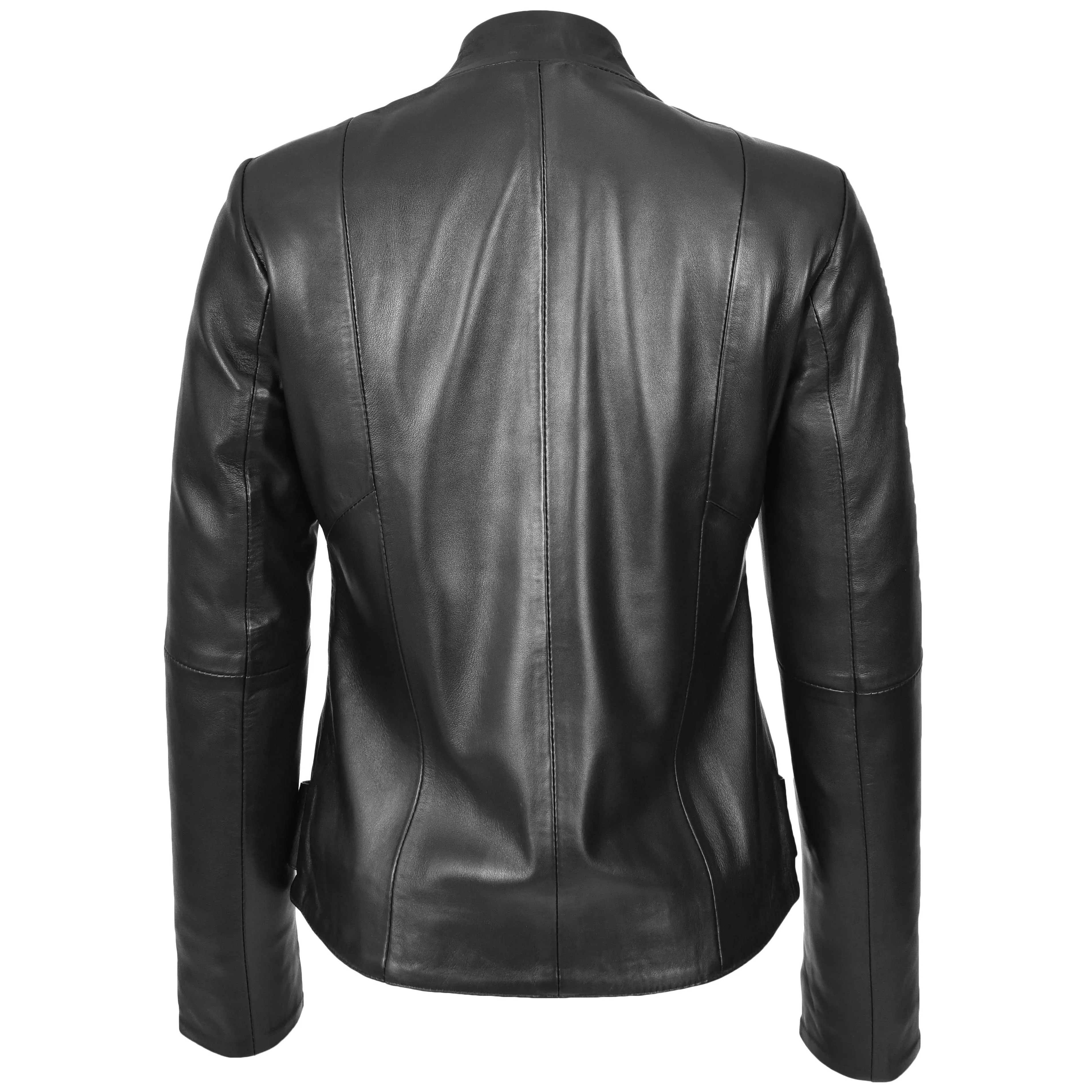 Womens Real Leather Slim Fit Biker Standing Collar Style Jacket Nibi Black