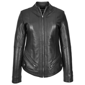 Womens Real Leather Slim Fit Biker Standing Collar Style Jacket Nibi Black