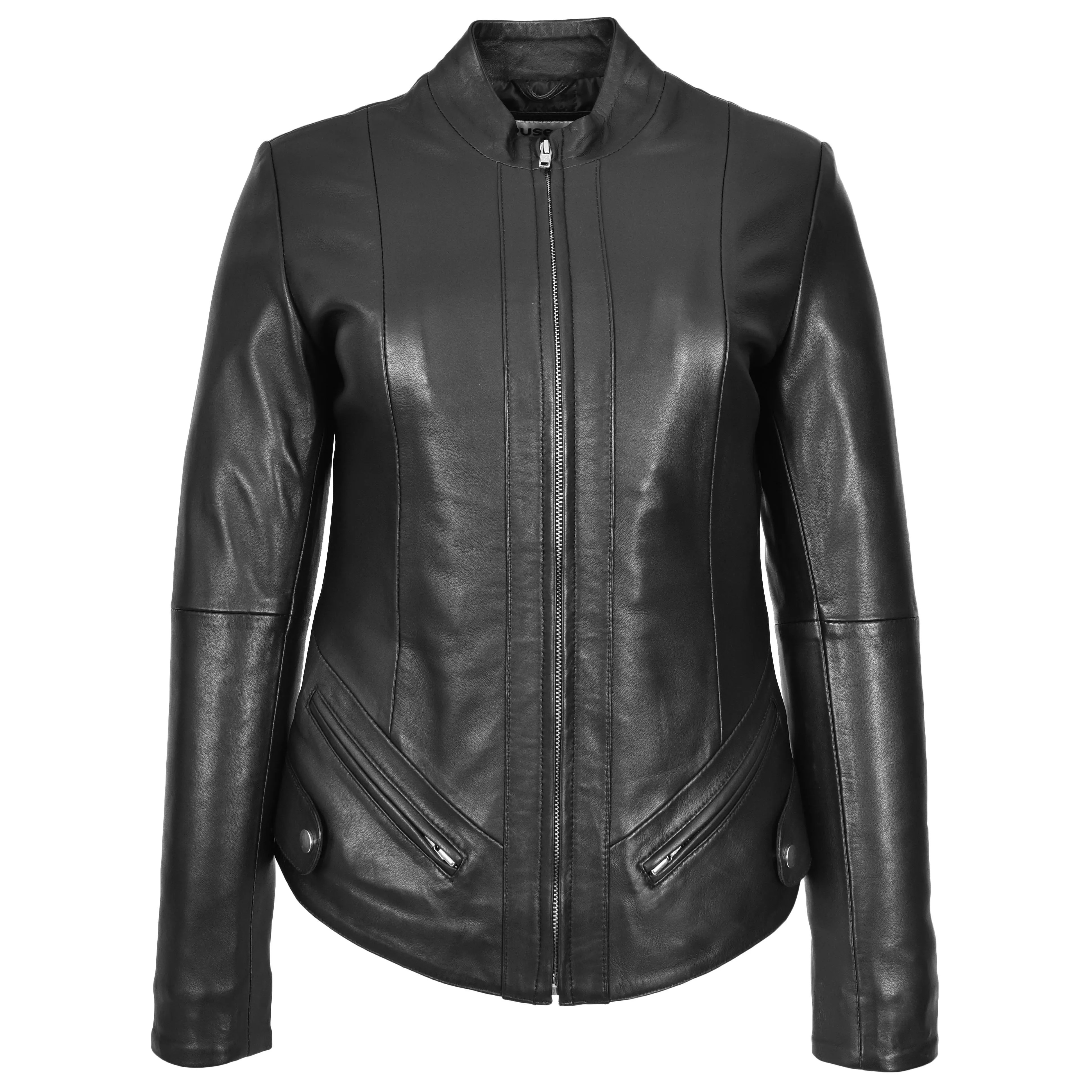 Womens Real Leather Slim Fit Biker Standing Collar Style Jacket Nibi Black