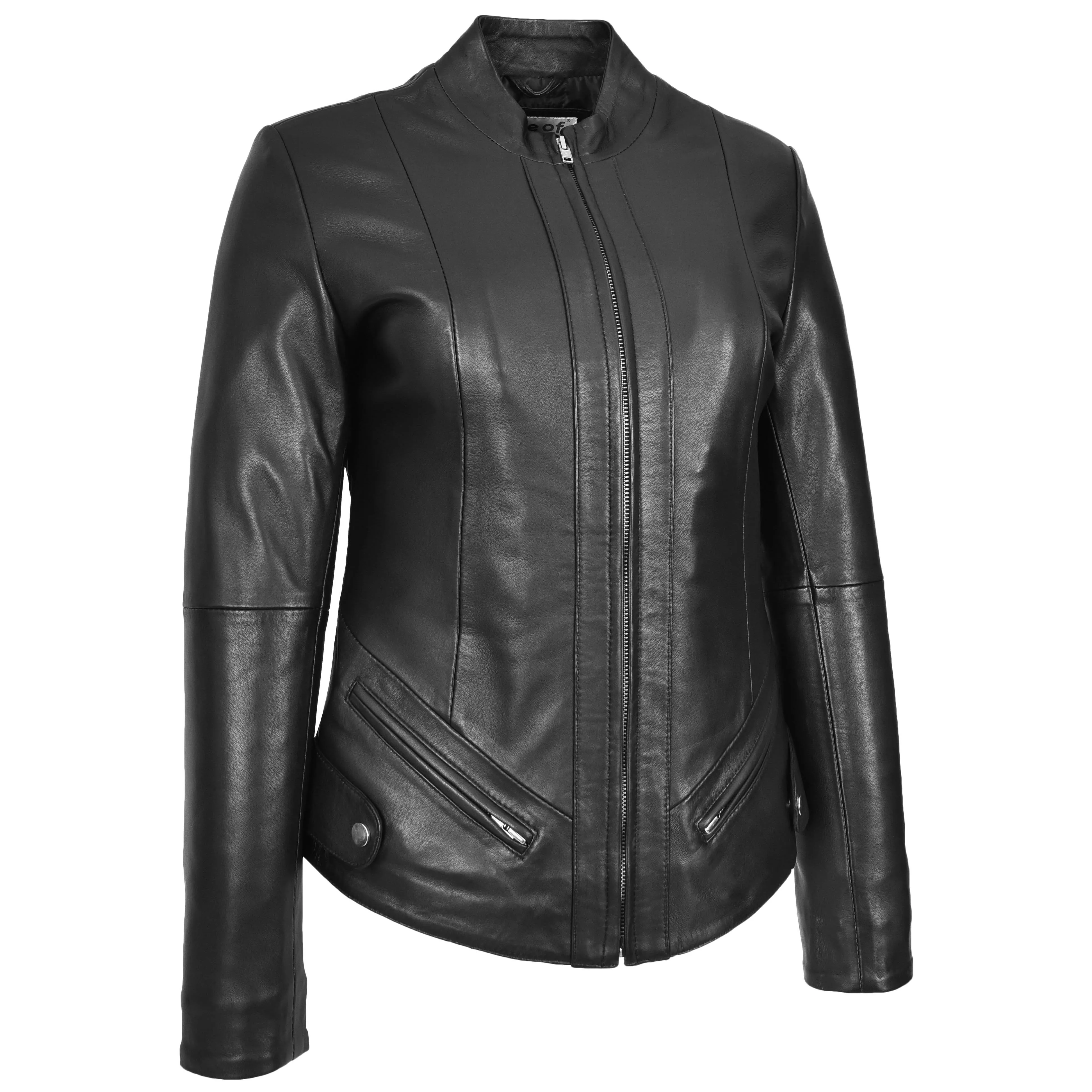 Womens Real Leather Slim Fit Biker Standing Collar Style Jacket Nibi Black