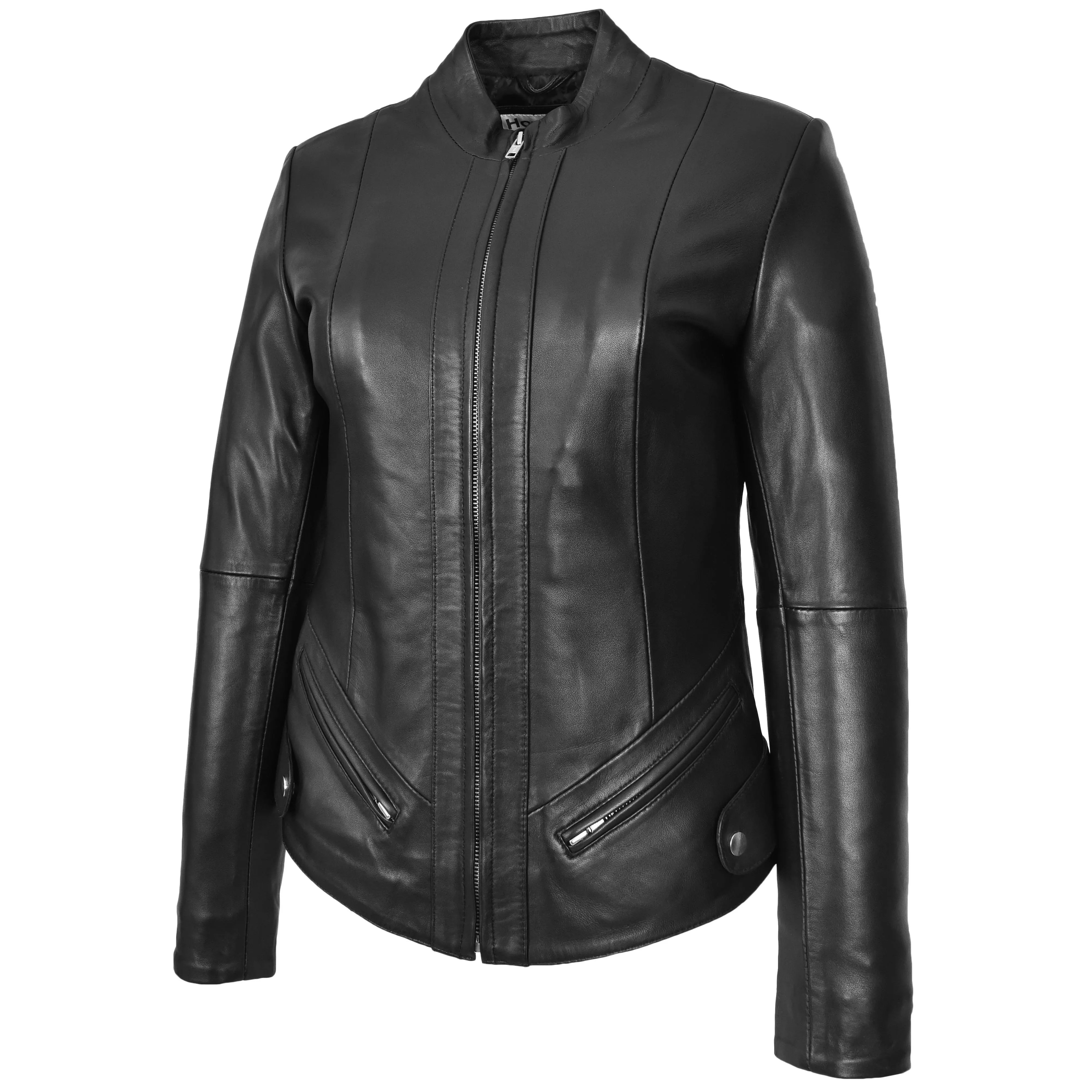 Womens Real Leather Slim Fit Biker Standing Collar Style Jacket Nibi Black